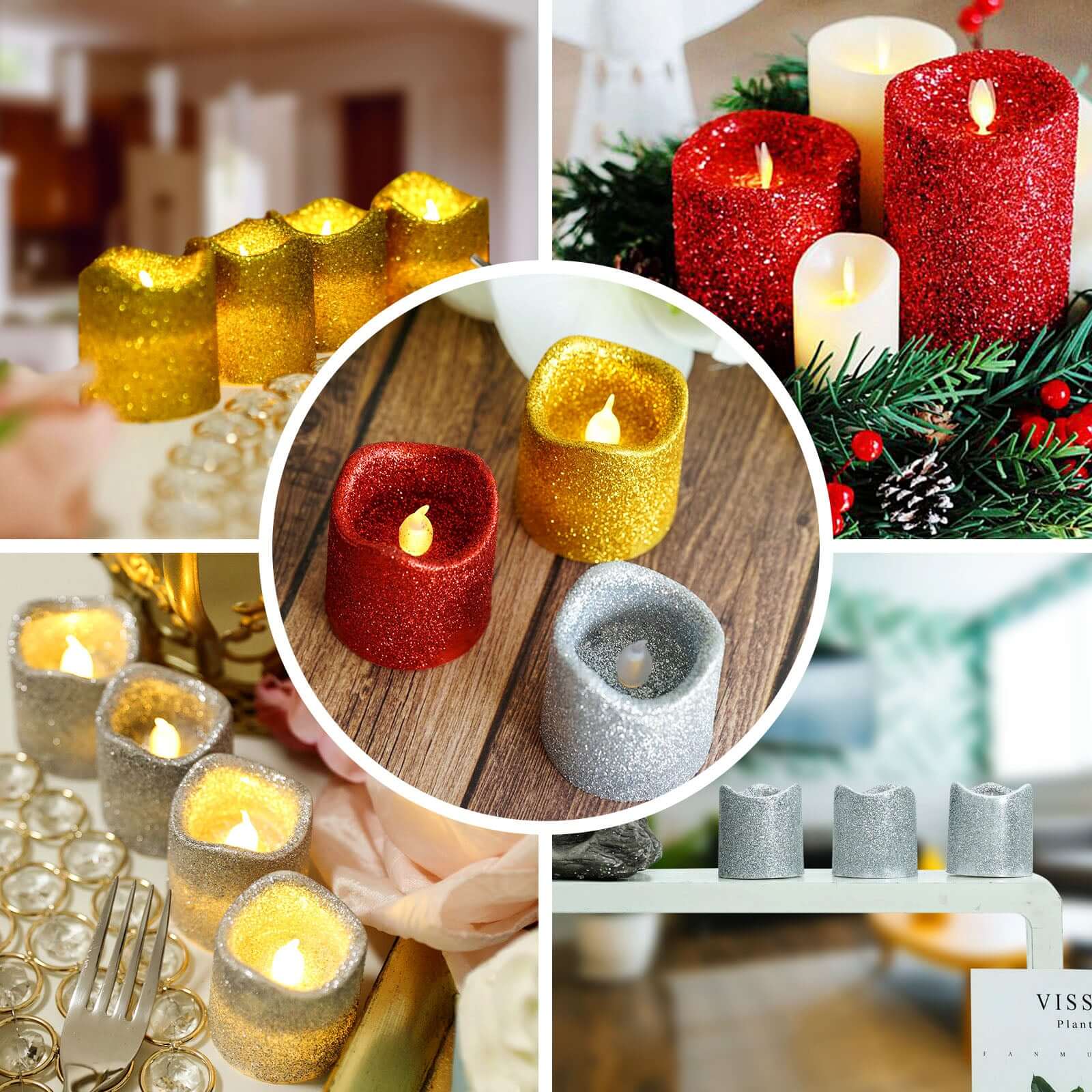 12-Pack LED Votive Candles Glittered Gold Design - Reusable Flameless Battery Operated Lights