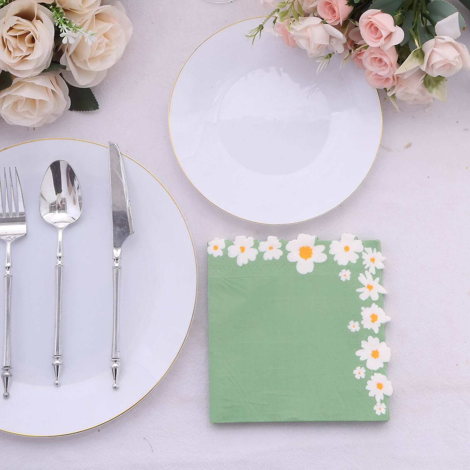 50-Pack Paper Beverage Napkins with Daisy Flower Design Sage Green - 2 Ply Soft 18GSM Floral Wedding Napkins 6.5x6.5