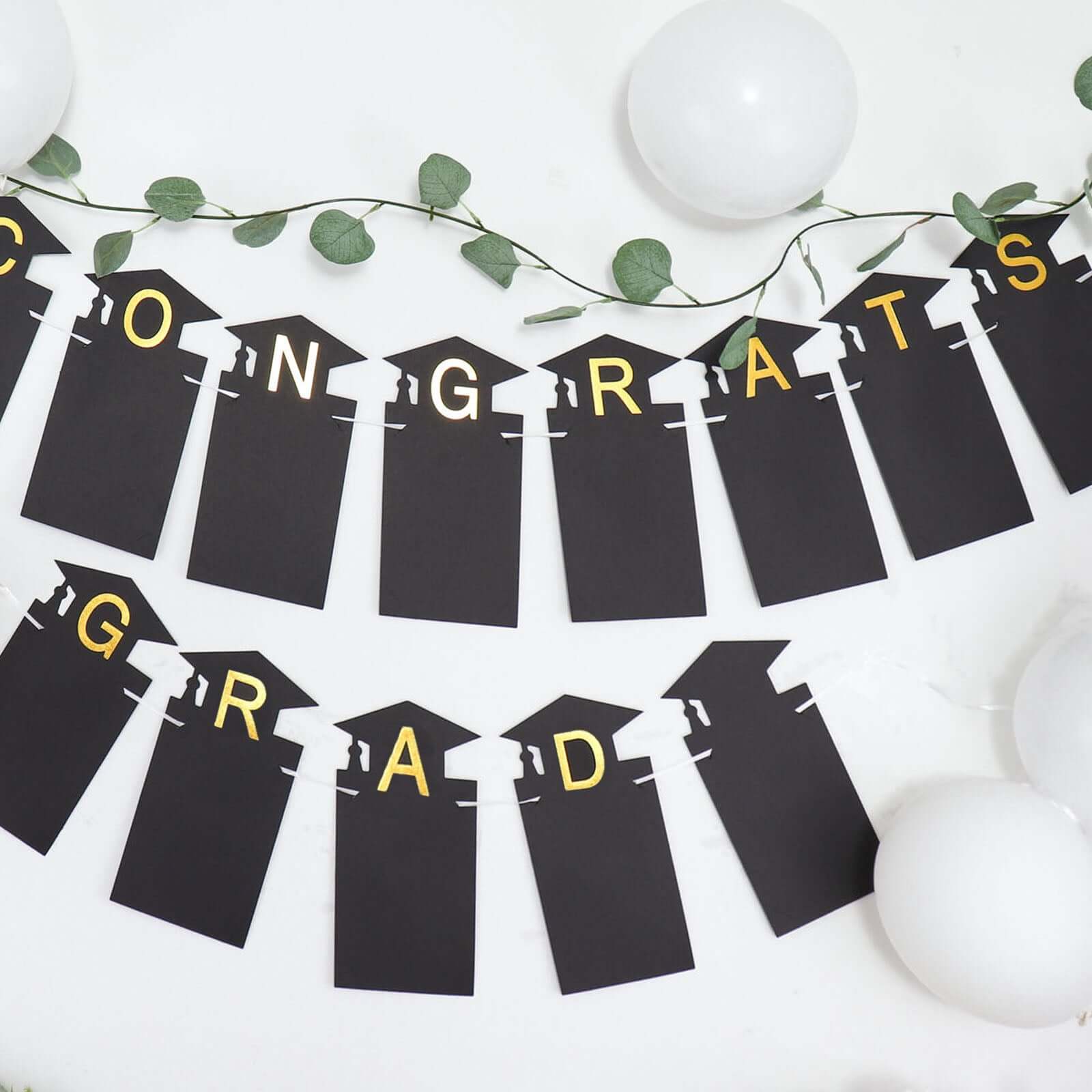 Black and Gold Congrats Grad Paper Photo Backdrop Hanging Garland Banner - 5.5ft