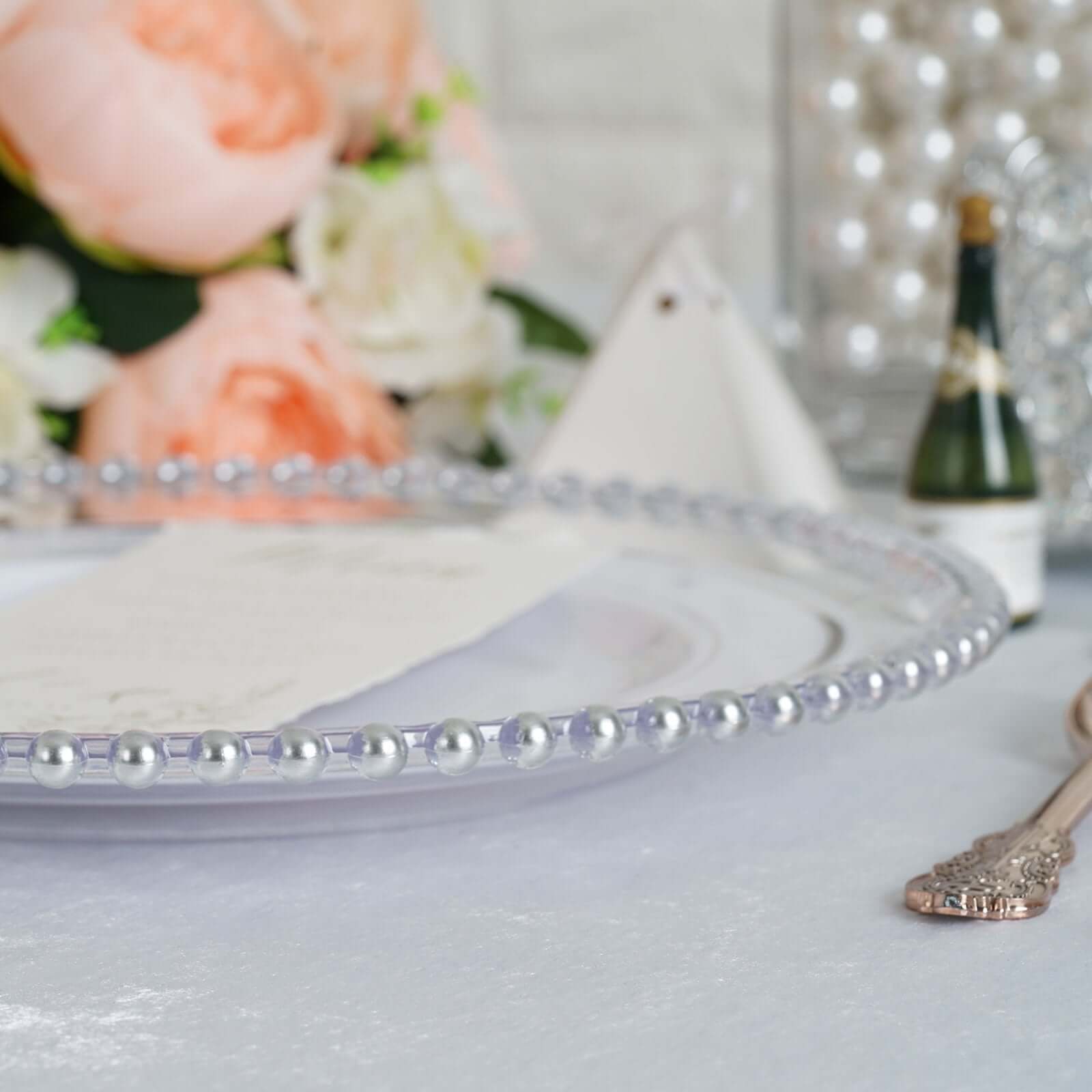 6-Pack Acrylic Round Charger Plates 13 in Clear with Silver Beaded Rim, Decorative Dinner Party Serving Plates