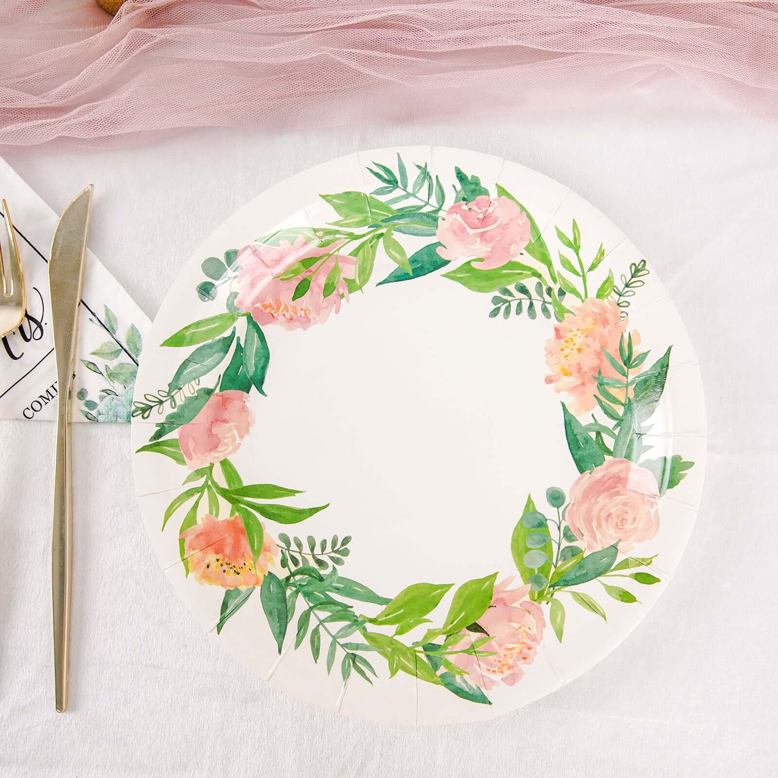 25-Pack Paper 9 Round Dinner Plates in White with Rose/Peony Flower Wreath - Disposable Party Plates for Bridal Showers & Garden Parties