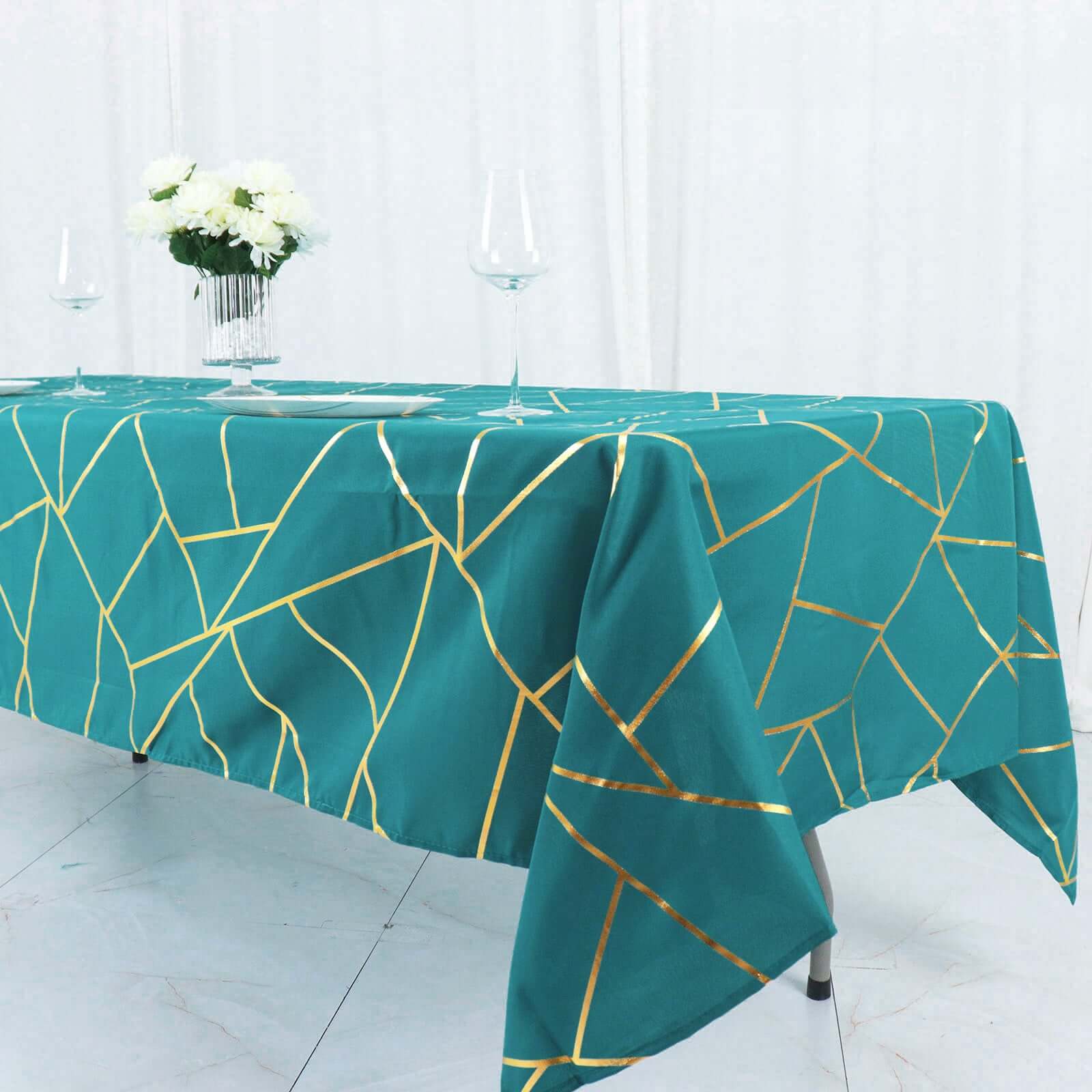 Polyester 60x102 Rectangle Tablecloth Teal with Gold Foil Geometric Pattern - Wrinkle-Resistant & Durable Table Cover