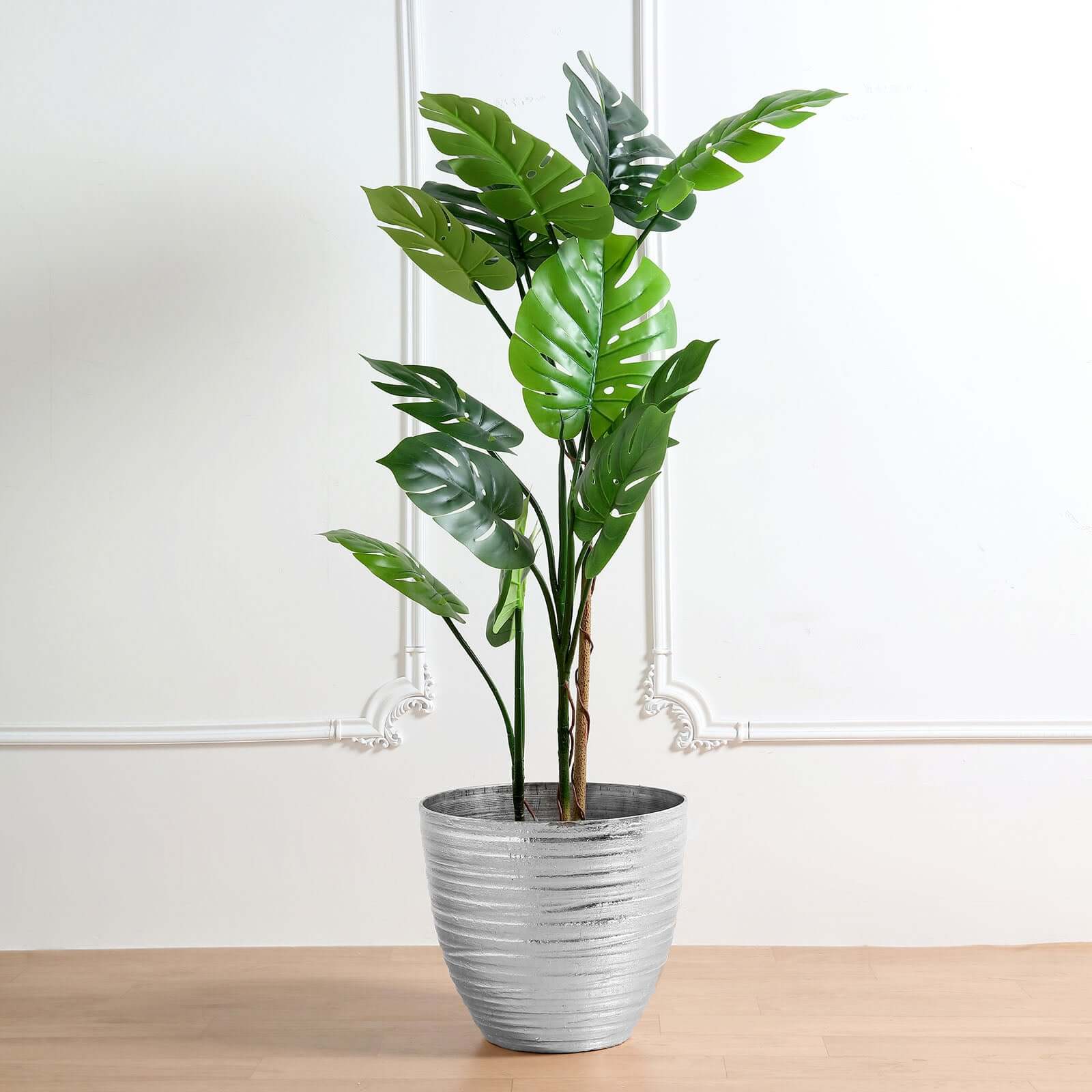 12 Metallic Silver Textured Finish Large Indoor Flower Plant Pot, Decorative Indoor Outdoor Planter