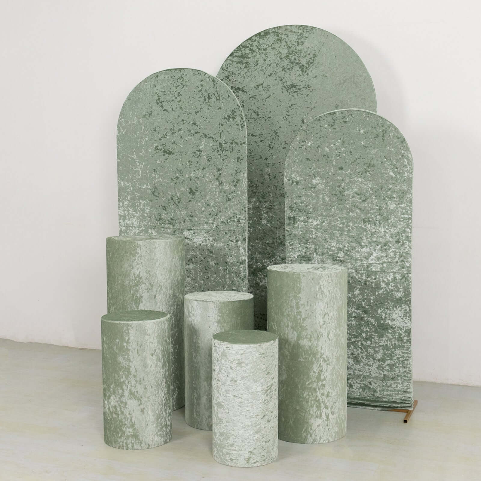 Set of 5 Sage Green Crushed Velvet Cylinder Pedestal Stand Covers, Premium Pillar Prop Covers