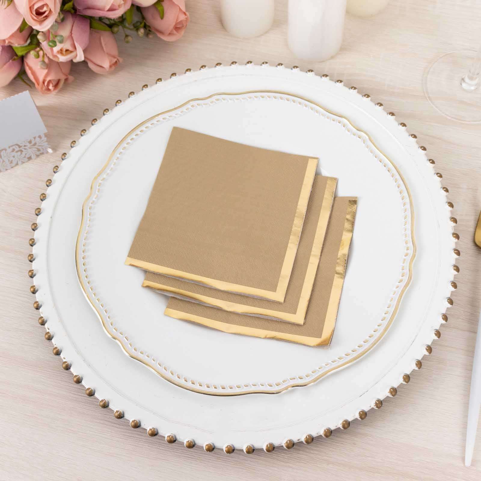 50-Pack Paper Beverage Napkins Natural with Gold Foil Edge - 2 Ply Disposable Soft 18GSM Cocktail Napkins 5x5