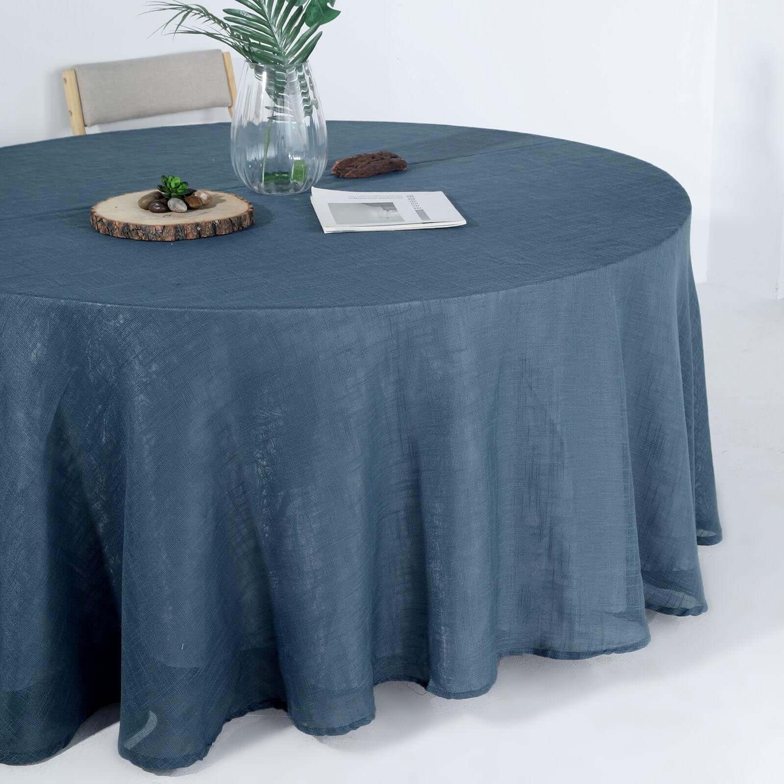 Faux Linen 120 Round Tablecloth Blue - Slubby Texture Wrinkle-Resistant Seamless Table Cover