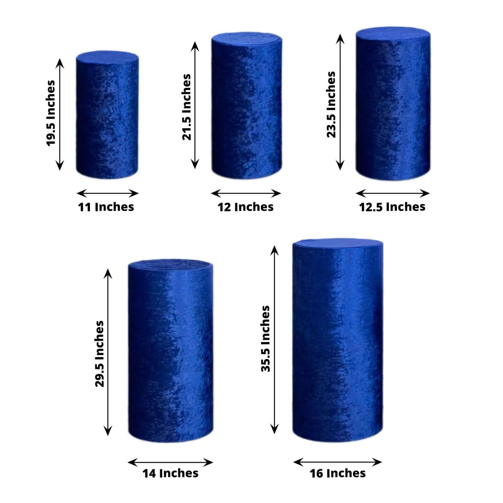 Set of 5 Royal Blue Crushed Velvet Cylinder Pedestal Stand Covers, Premium Pillar Prop Covers