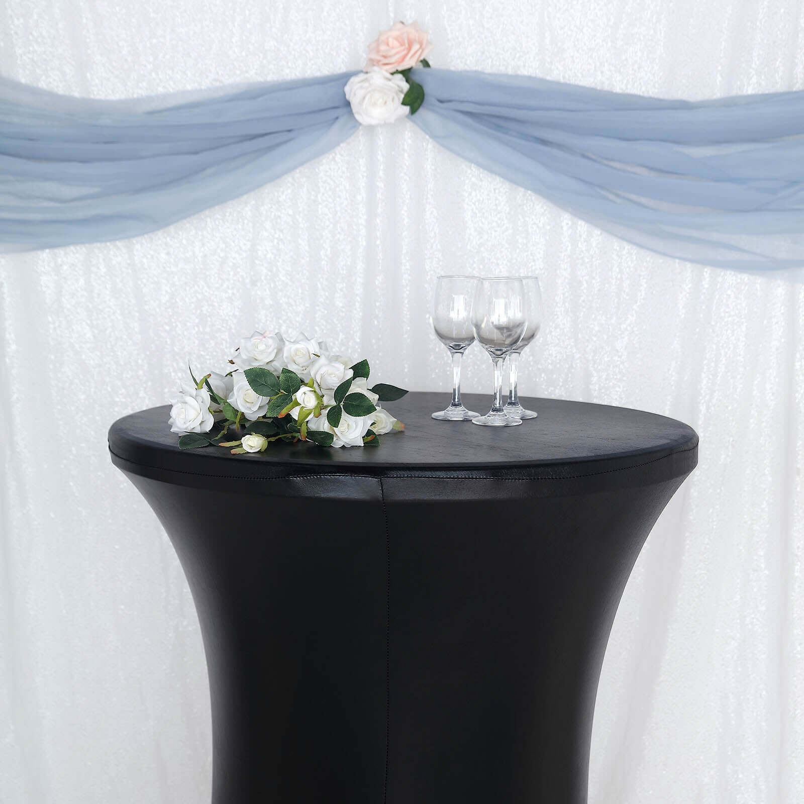 Metallic Spandex 32 Fitted Round Cocktail Table Cover Black Highboy Tablecloth - Stretch Fit & Water-Resistant