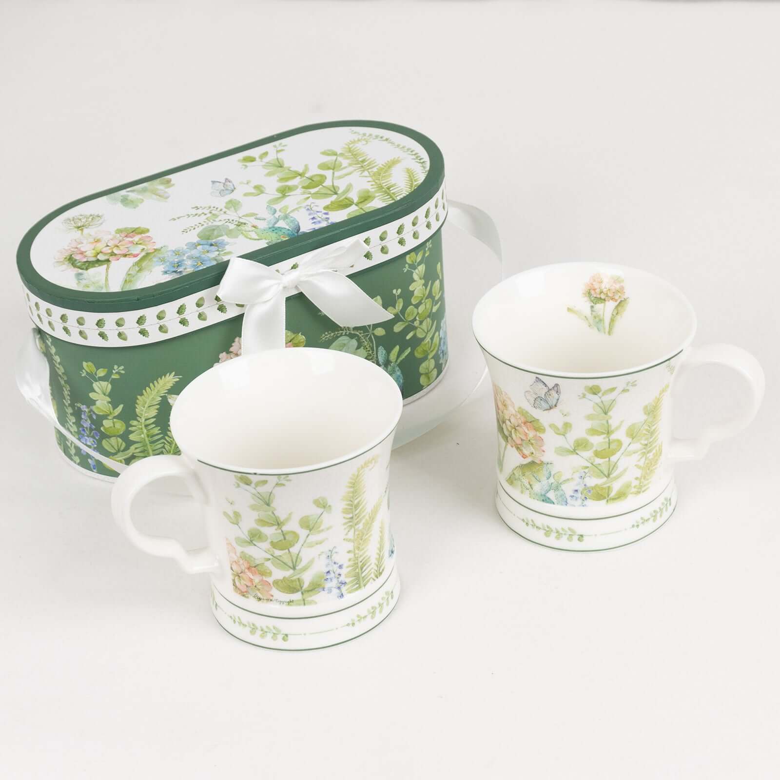 Greenery Theme Bridal Shower Gift Set, 2 Pack Porcelain Tea Cups With Matching Keepsake Gift Box and Satin Ribbon Handle