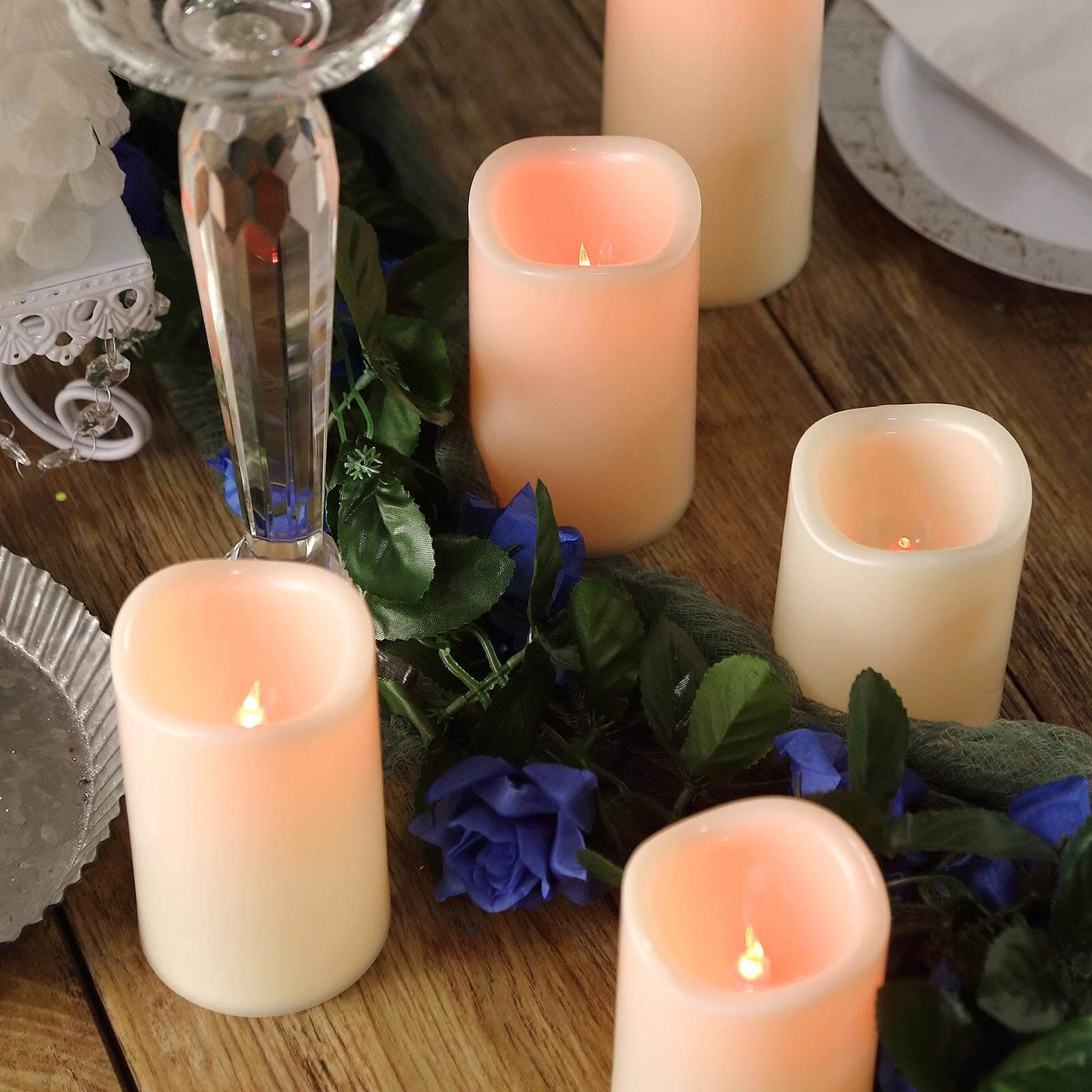 Set of 5 LED Flickering Pillar Candles Color Changing Ivory with Remote - Battery Operated 4, 5, 6