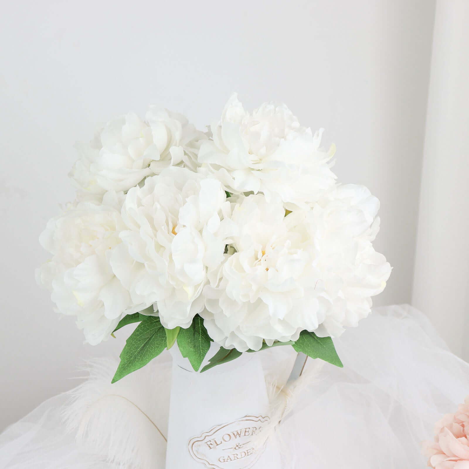 2 Bushes 17 White Artificial Silk Peony Flower Bouquets, Real Touch Peonies Spray