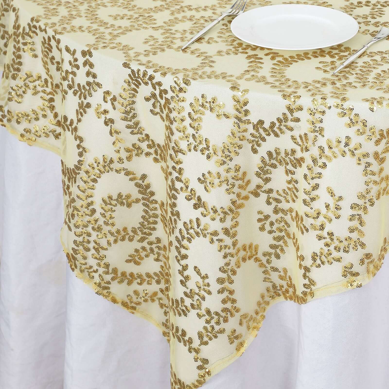 Tulle 72x72 Table Overlay Square Tablecloth Gold - Sequin Leaf Embroidered Design for Stylish Occasions