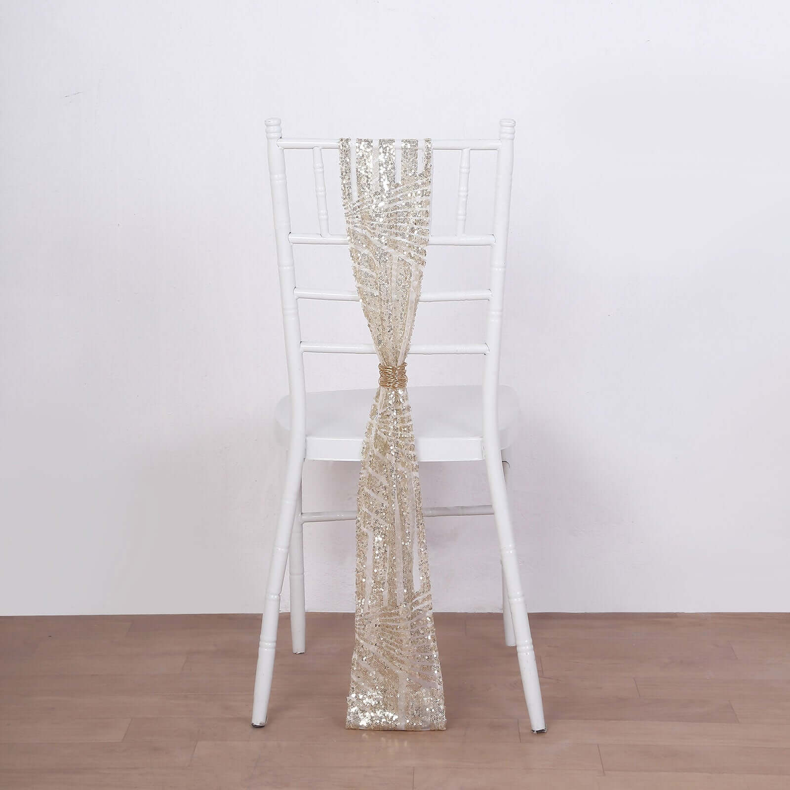 5 Pack Glitz Sequin Chair Sashes with Geometric Diamond Design 6x88 Champagne