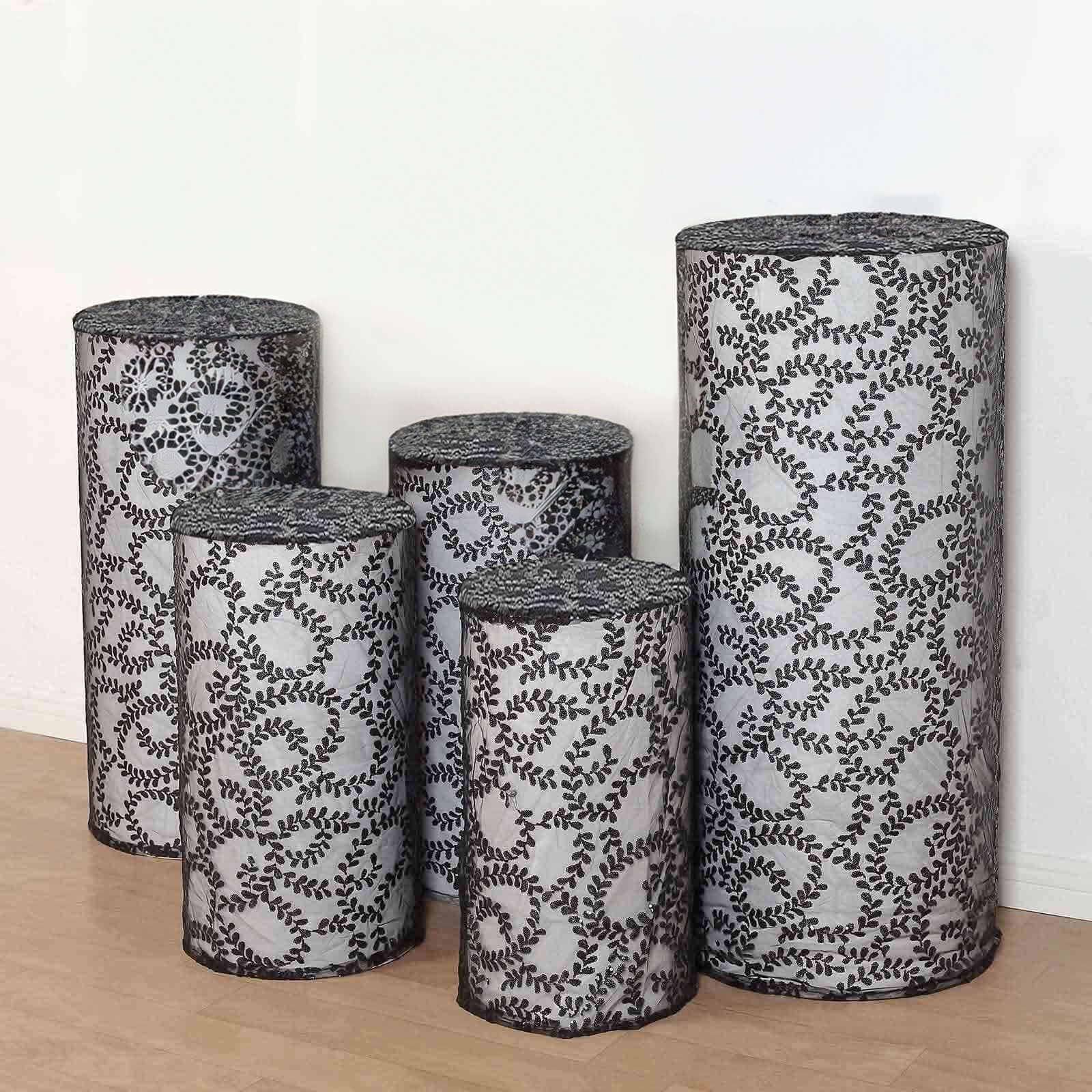 Set of 5 Black Sequin Mesh Cylinder Pedestal Stand Covers with Leaf Vine Embroidery, Sparkly Sheer Tulle Pillar Prop Covers