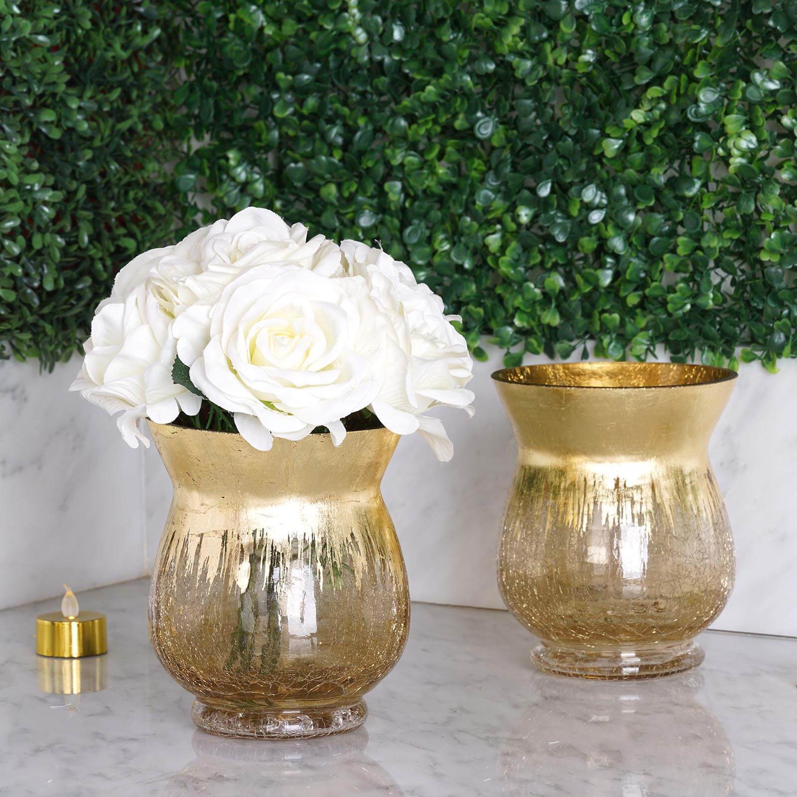 2-Pack Glass Hurricane Vases Bell Shaped Crackle Gold Curvy Design - Decorative Candle Holder Centerpieces 6