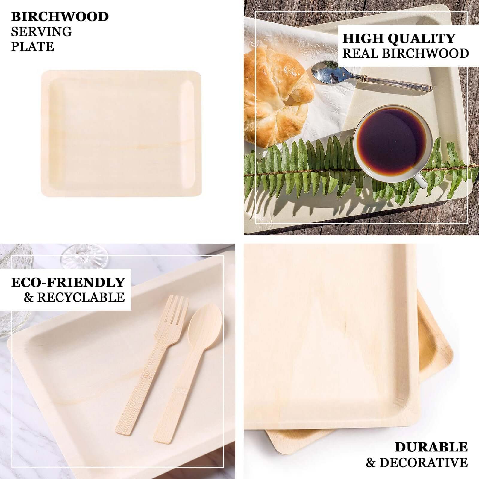 12-Pack Birchwood 8x10 Rectangle Dinner Plates - Natural Eco Friendly Wooden Disposable Plates for Farmhouse-Style Events, Parties & Gatherings