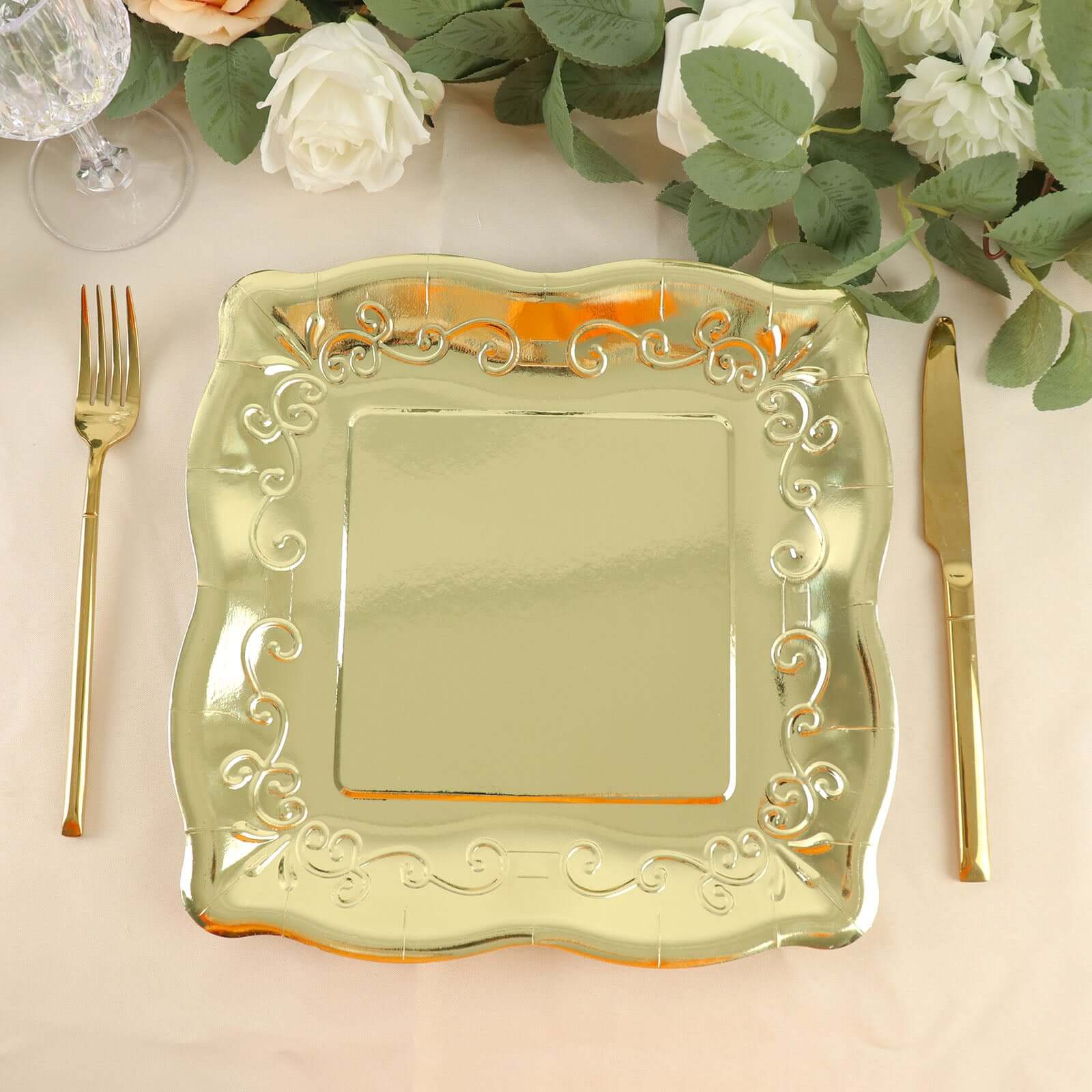 25-Pack Paper 11 Square Dinner Plates in Gold with Vintage Pottery Embossed Design - Shiny Metallic Disposable Serving Plates for Glamorous Dinners & Events