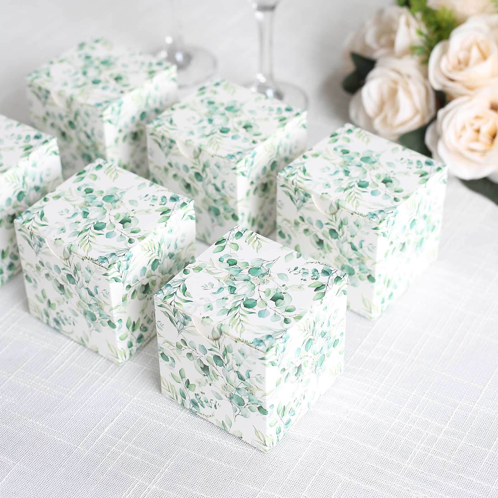 25 Pack White Green Eucalyptus Leaves Print Paper Favor Boxes, Cardstock Party Shower Candy Gift Boxes - 3x3x3