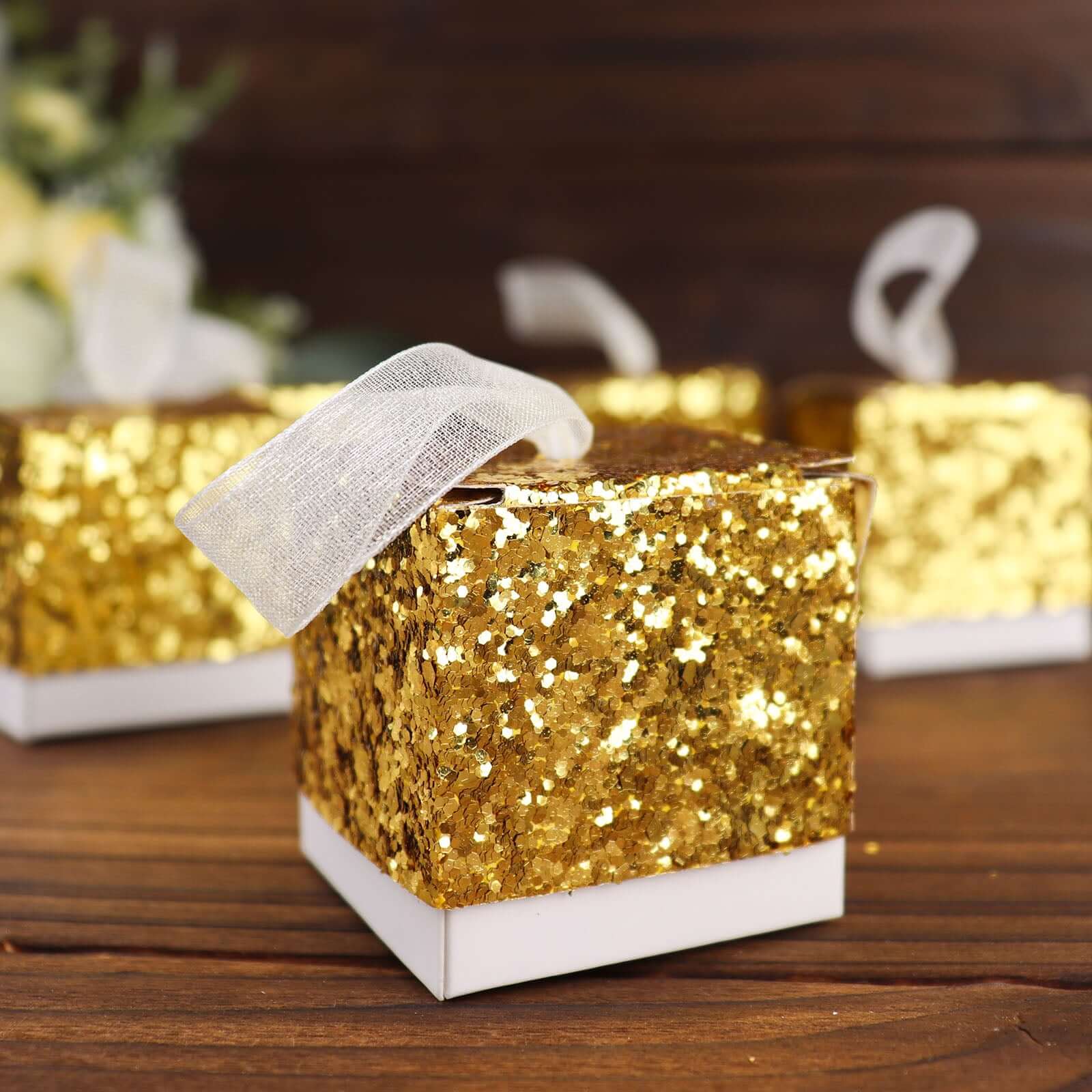 25 Pack 2 Gold Sequin Glitter Party Favor Boxes With White Ribbon Loop, Wedding Favor Gift Boxes, Candy Cases