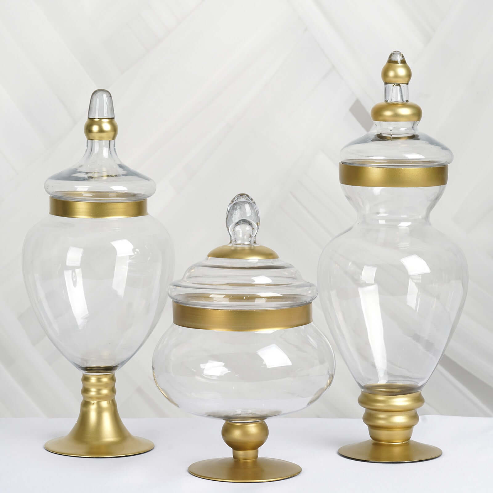 Set of 3 Glass Candy Jars Apothecary Design Gold Trim with Snap-On Lids - Large Stylish Containers for Parties 10/14/16