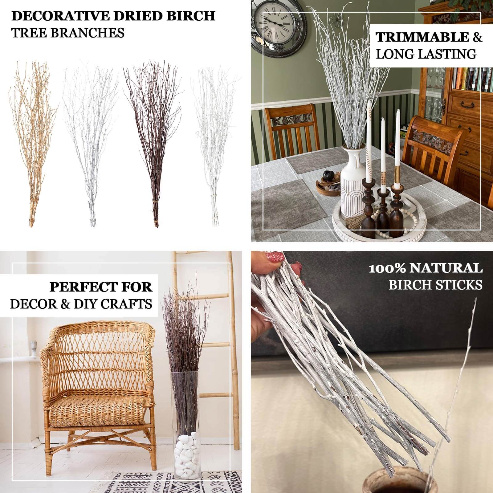 6-Pack Natural Birch Tree Branches 46 Natural - Versatile Extra Long Decorative Dried Willow Twigs Sticks for Vase Centerpiece Wedding Decor