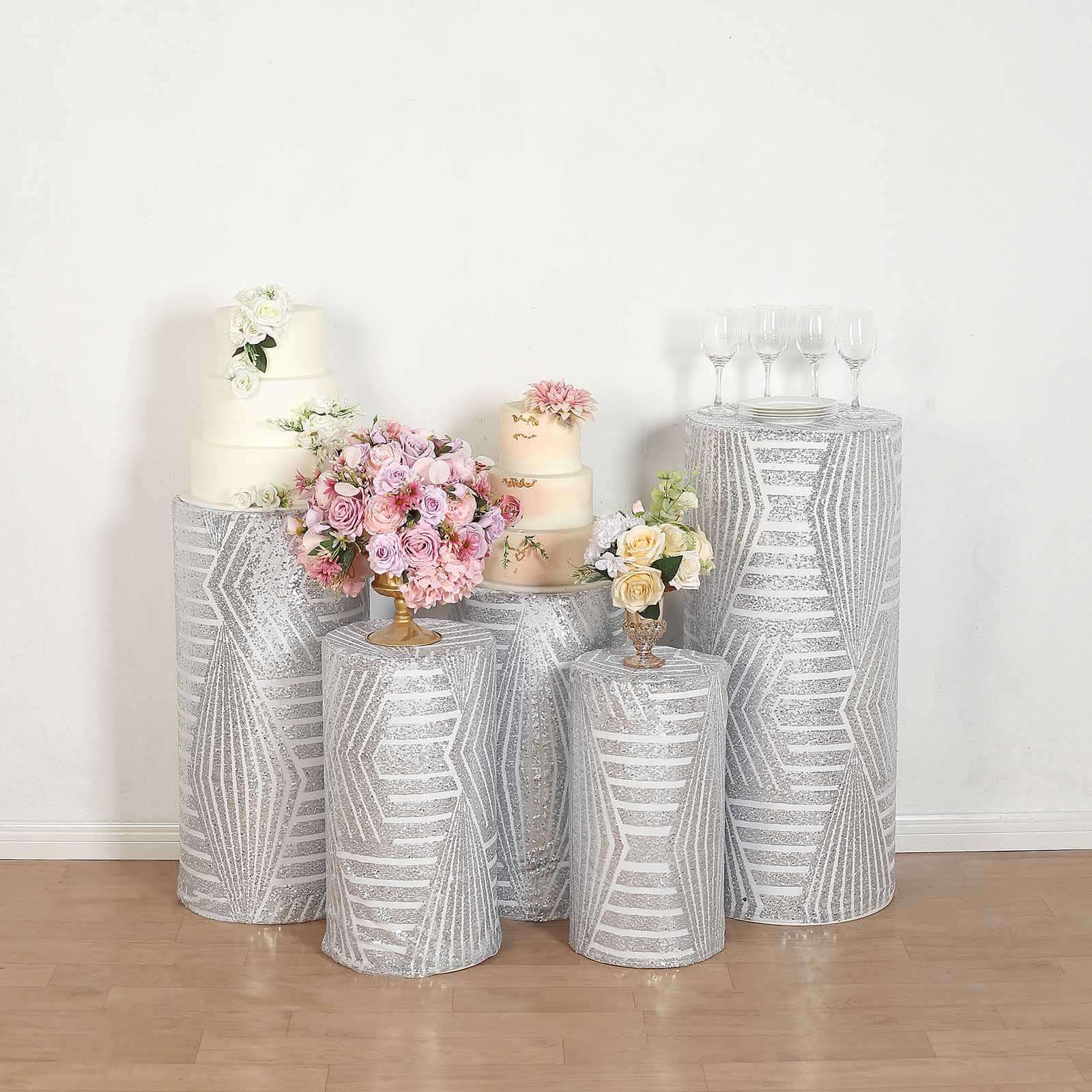 Set of 5 Silver Sequin Mesh Cylinder Pedestal Stand Covers with Geometric Pattern Embroidery, Sparkly Sheer Tulle Pillar Prop Covers