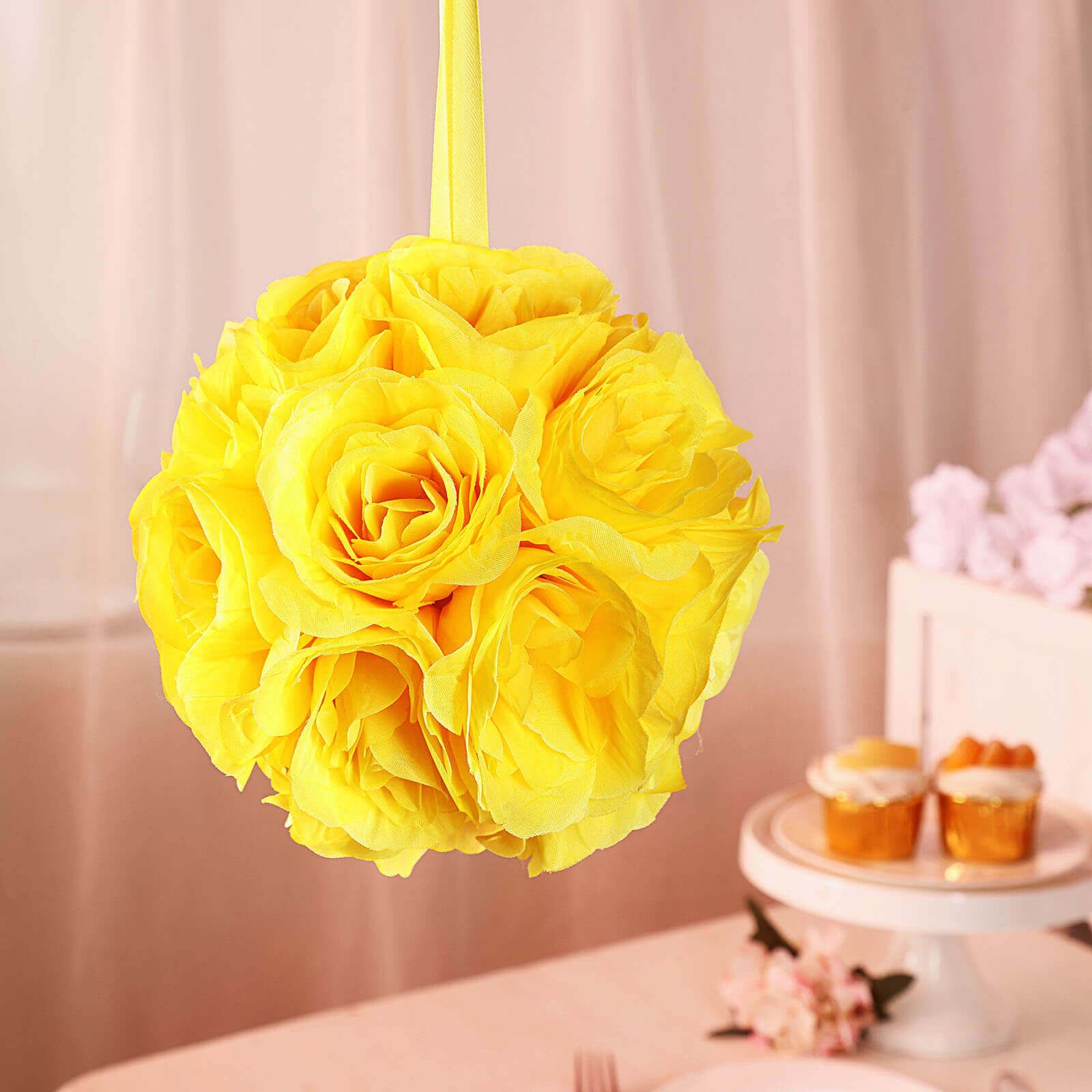 2 Pack 7 Yellow Artificial Silk Rose Kissing Ball, Faux Flower Ball