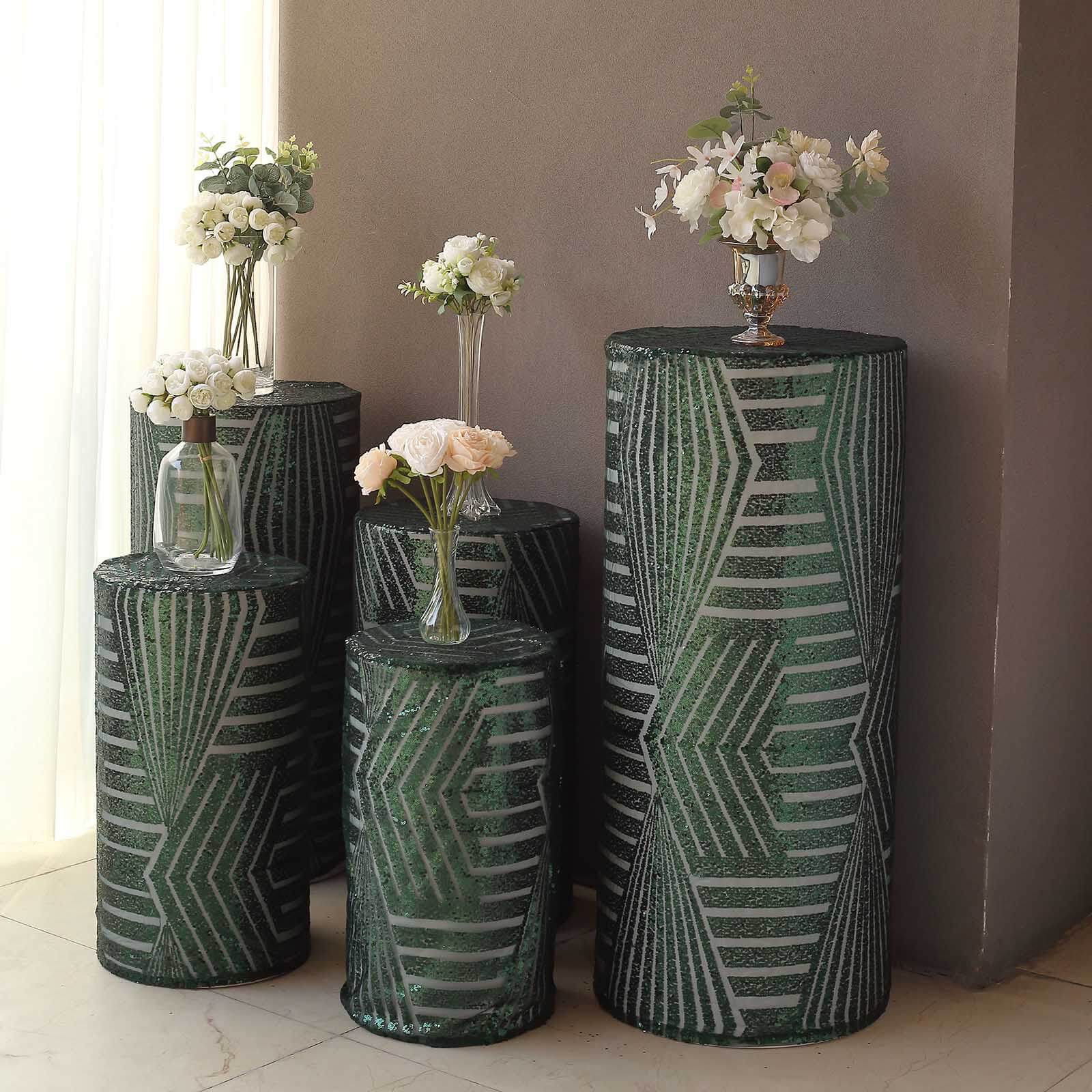 Set of 5 Hunter Emerald Green Sequin Mesh Cylinder Pedestal Stand Covers with Geometric Pattern Embroidery, Sparkly Sheer Tulle Pillar Prop Covers