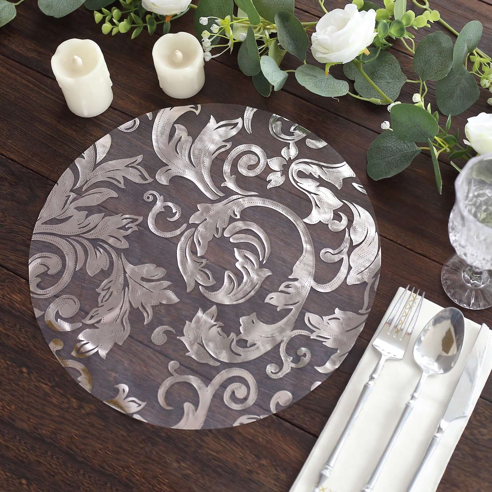 10-Pack Table Placemats Swirl Foil Floral Design Metallic Silver Round - Sheer Organza Disposable Mats 13