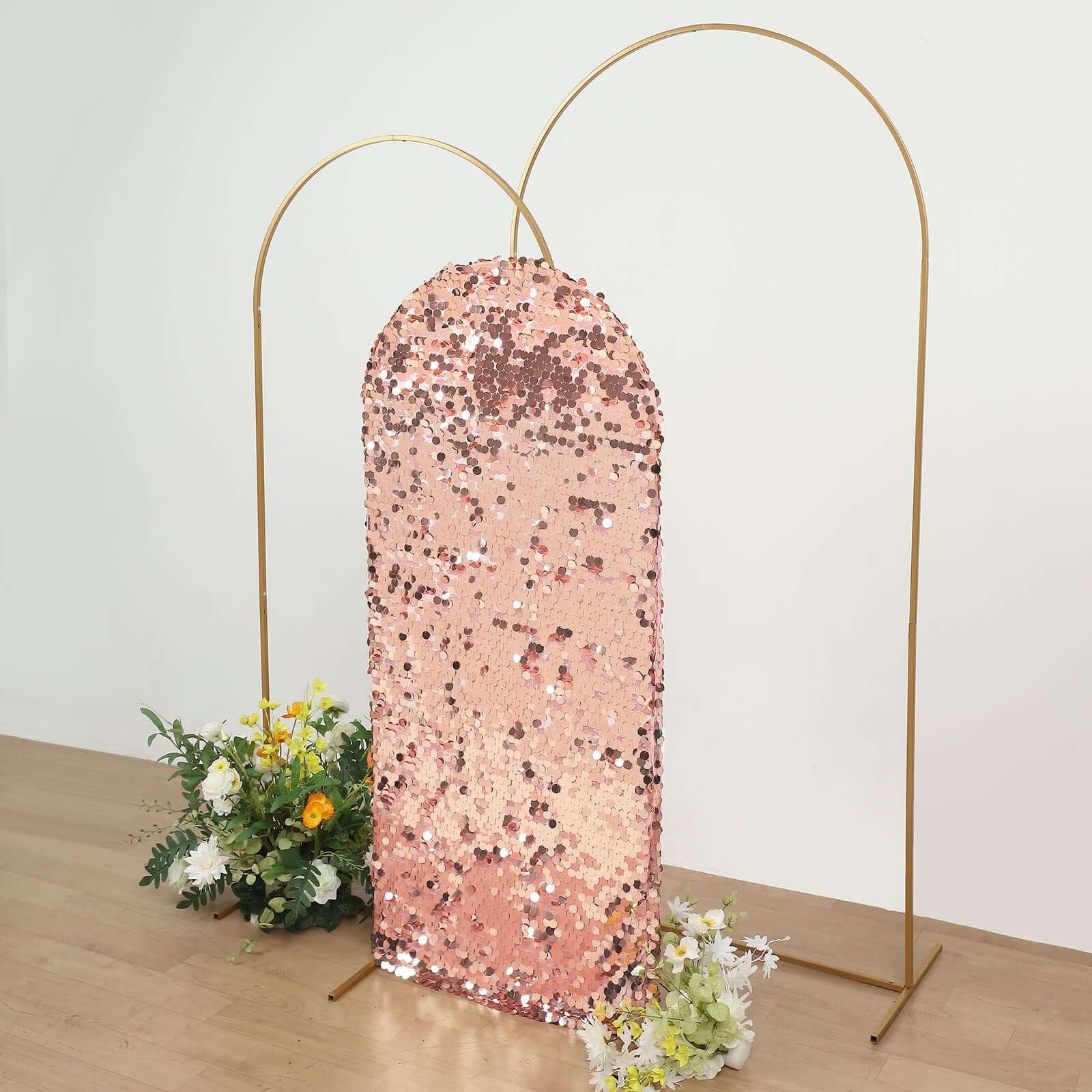 5ft Sparkly Rose Gold Double Sided Big Payette Sequin Chiara Backdrop Stand Cover For Fitted Round Top Wedding Arch