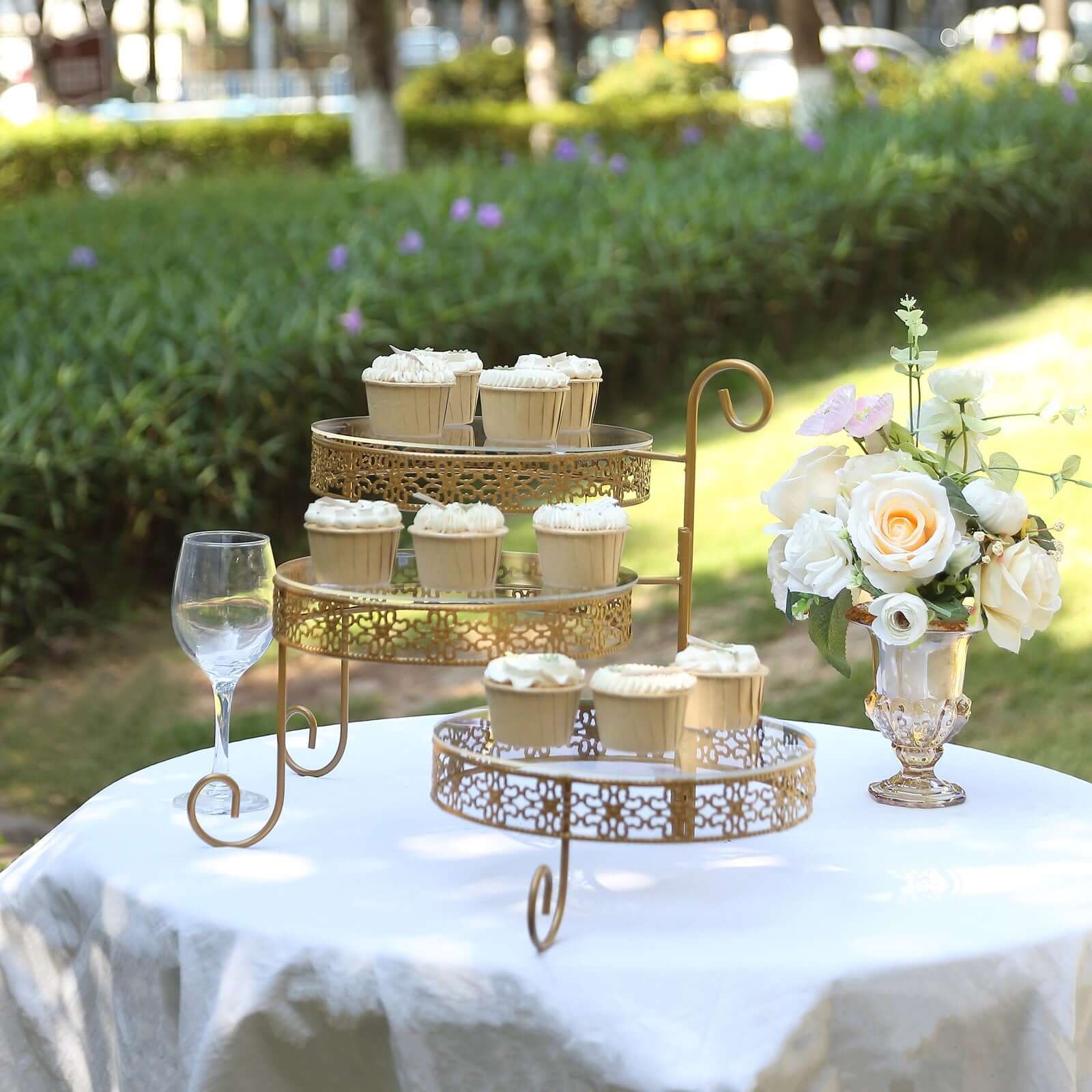 3-Tier Metal Rotating Cupcake Stand with Clear Acrylic Round Plates Gold - Hollow Lace Design Dessert Display 28