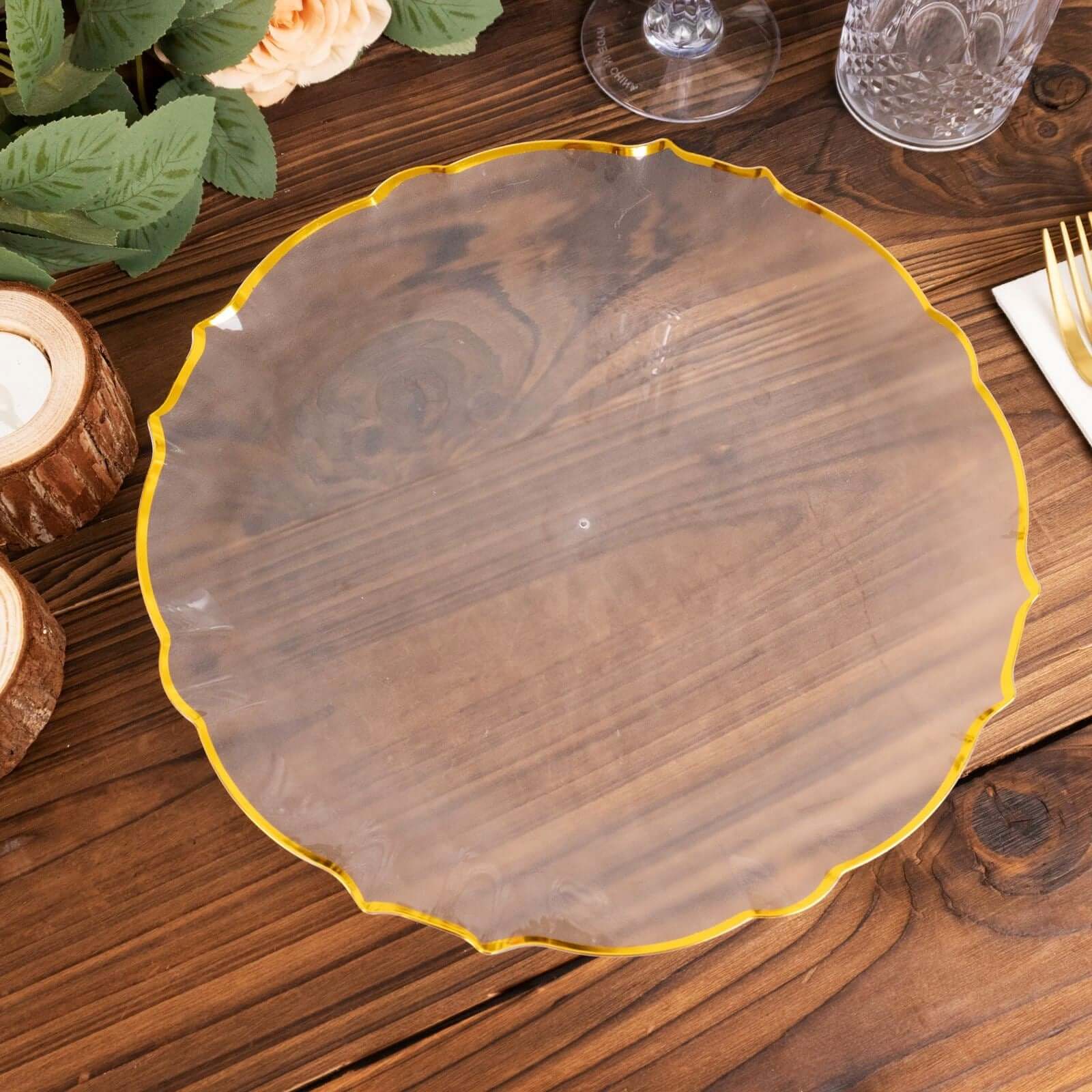 10-Pack Plastic 10 Round Dinner Plates in Clear Sunflower with Gold Scalloped Rim - Disposable Party Plates for Classy Events & Banquets