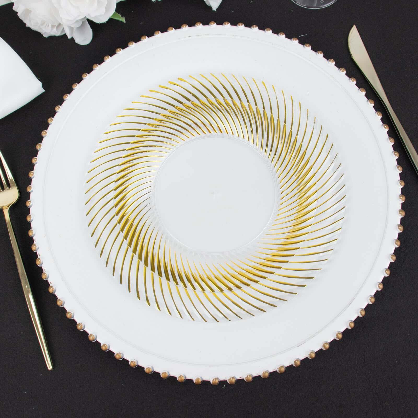 10-Pack Plastic 7 Round Dessert Plates in Clear with Gold Swirl Rim - Disposable Salad Plates