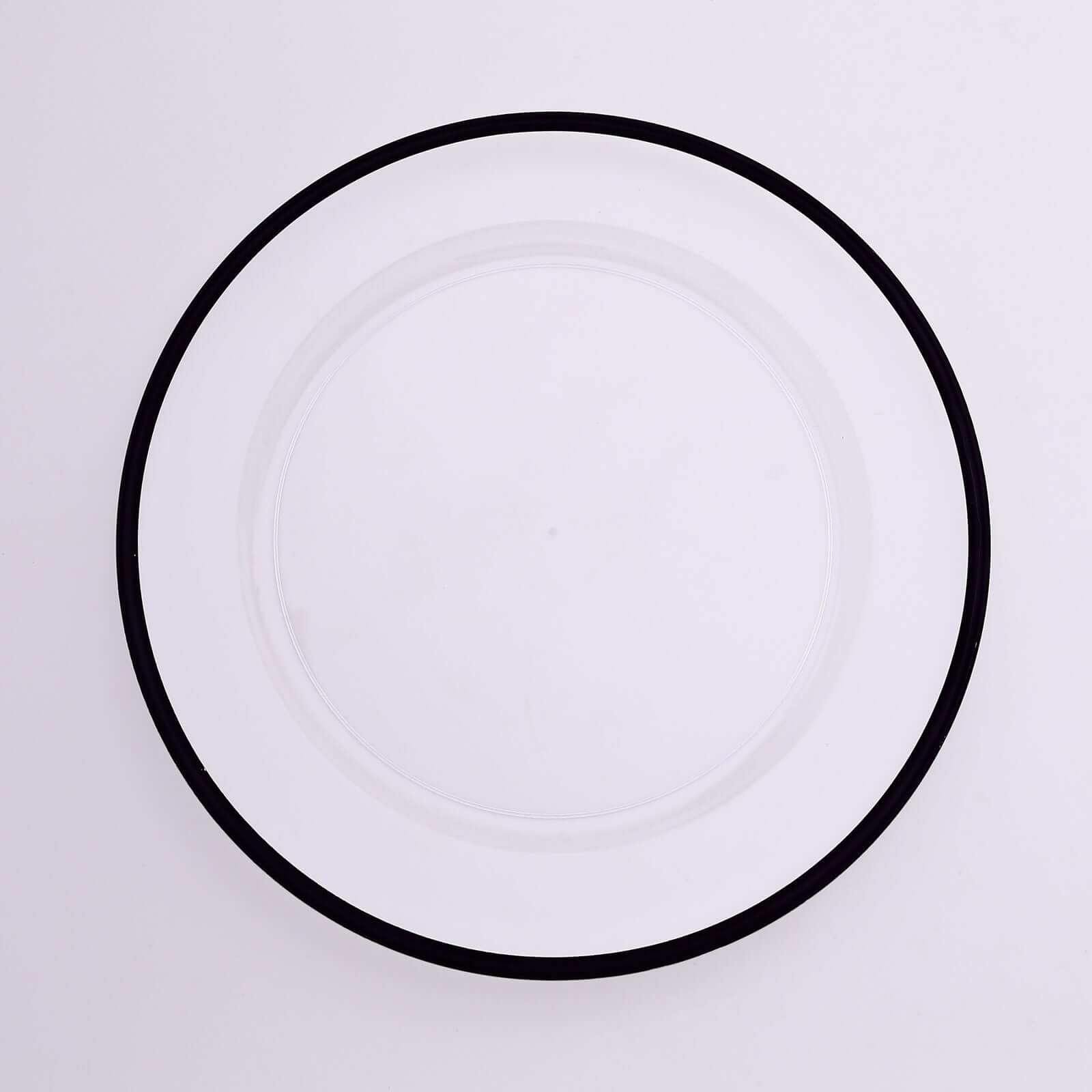 10-Pack Economy Plastic Round Charger Plates 12 in Clear with Wide Black Rim, Decorative Dinner Party Serving Plates