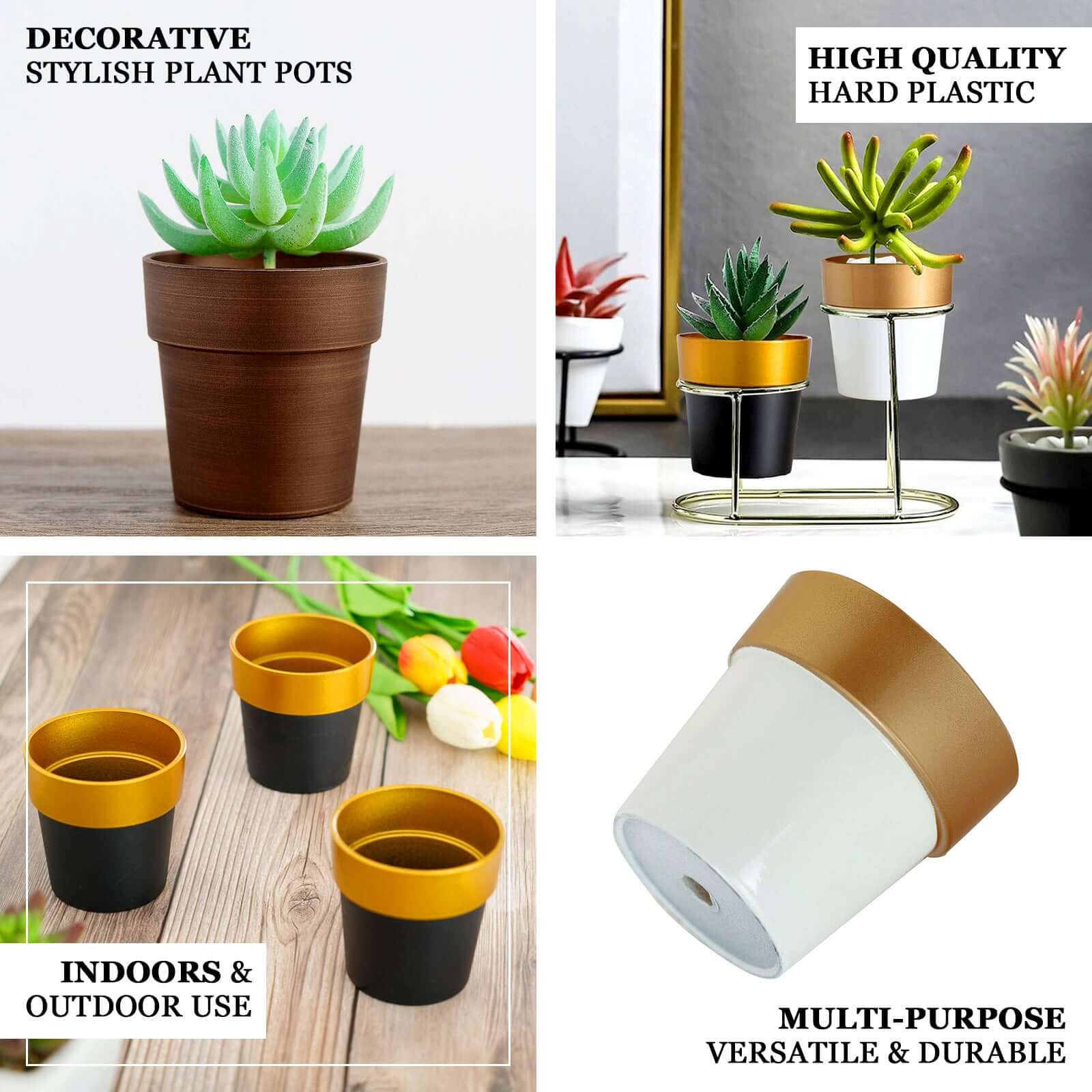 3-Pack Flower Plant Pots Small Design Black with Gold Rim - Plastic Indoor Decorative Planters 3