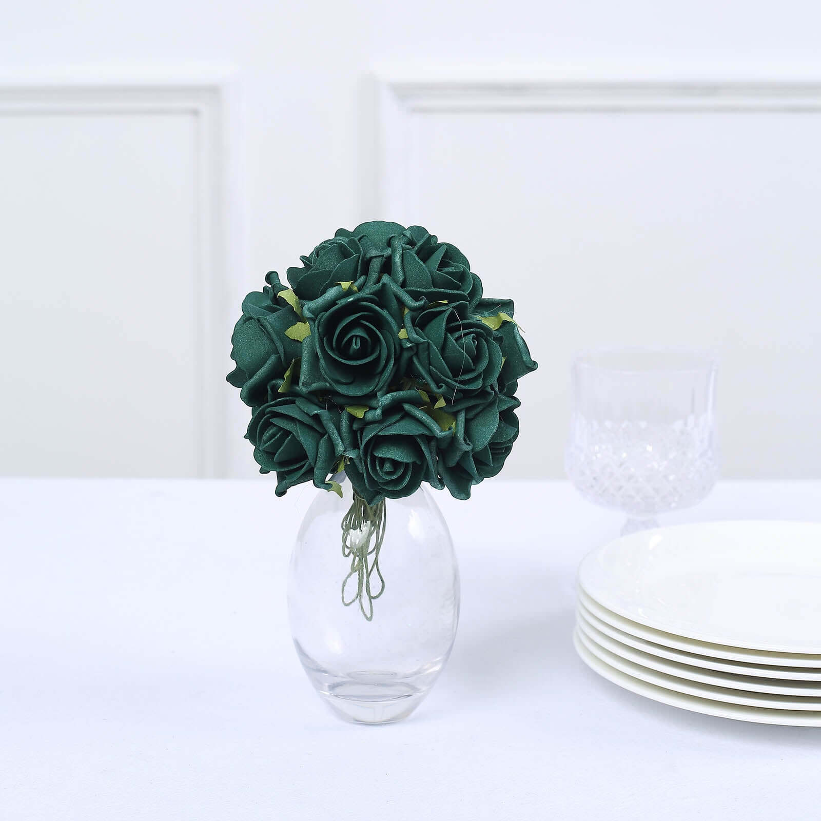 24 Roses 2 Hunter Emerald Green Artificial Foam Flowers With Stem Wire and Leaves