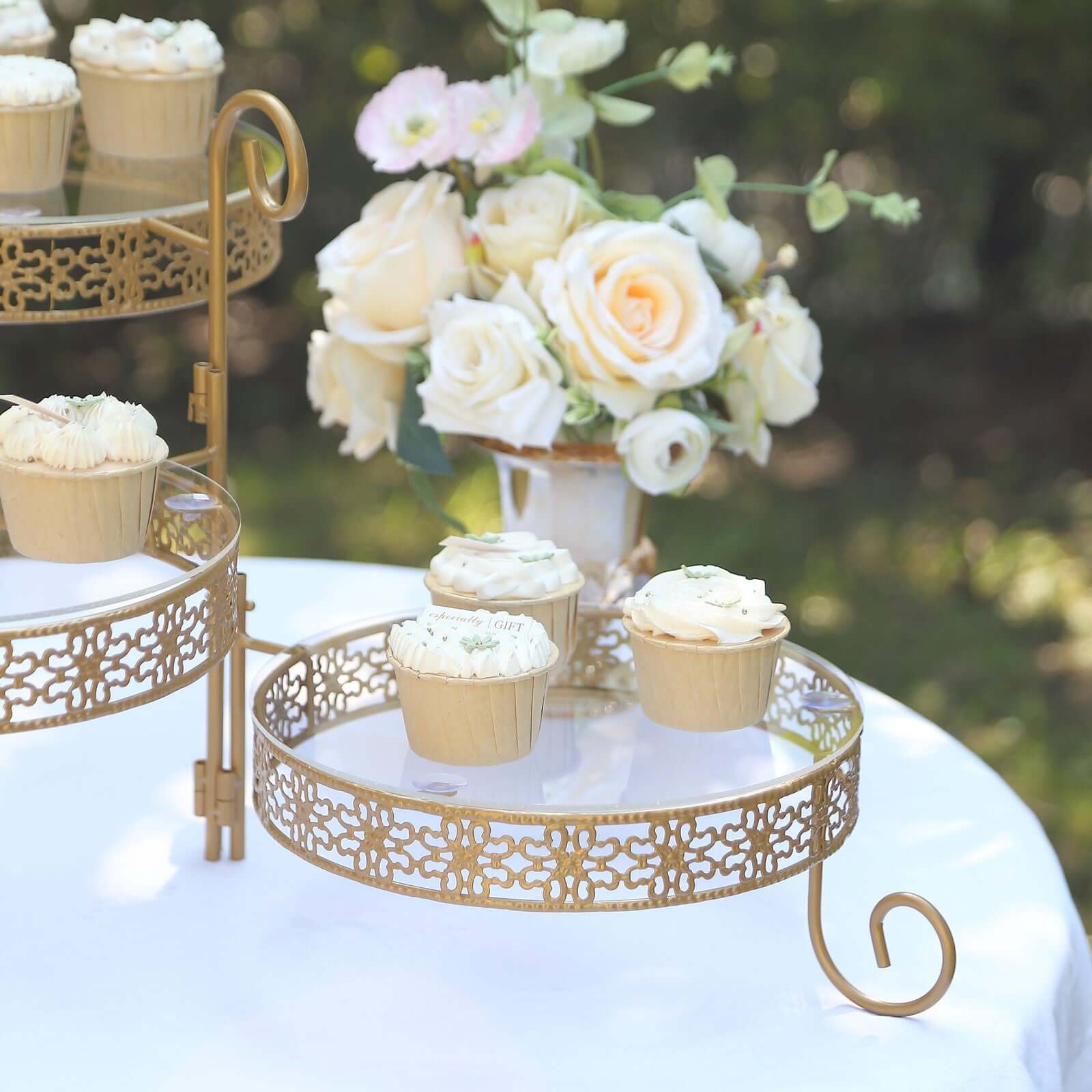 3-Tier Metal Rotating Cupcake Stand with Clear Acrylic Round Plates Gold - Hollow Lace Design Dessert Display 28