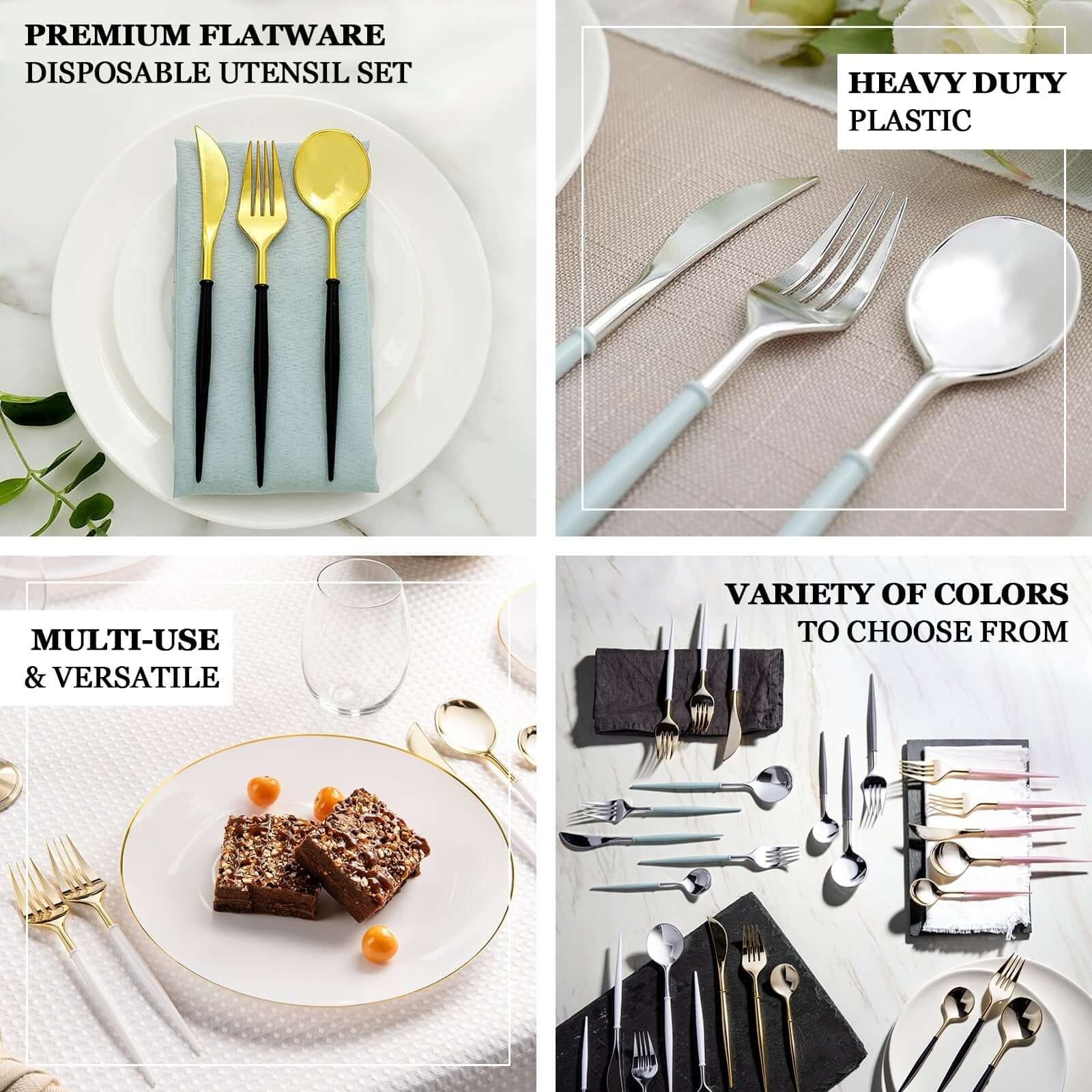 24-Pack Plastic Flatware Set in Metallic Gold with Dusty Sage Green Handle - Heavy Duty Disposable Modern Silverware 8