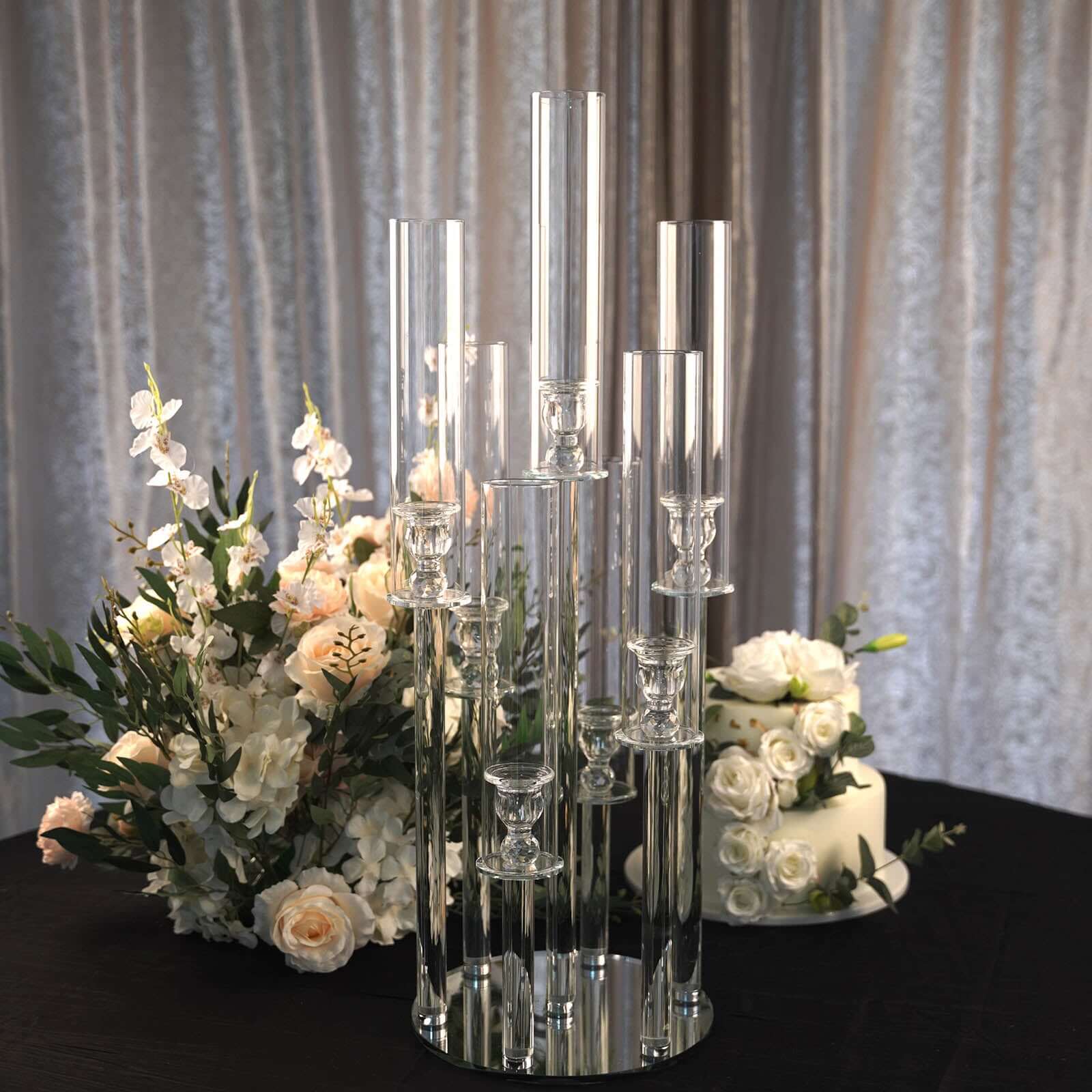 7-Arm Round Taper Crystal Candelabra with Mirror Base Clear - Lustrous Candle Holder Table Centerpiece for Votive & Pillar Candles 33