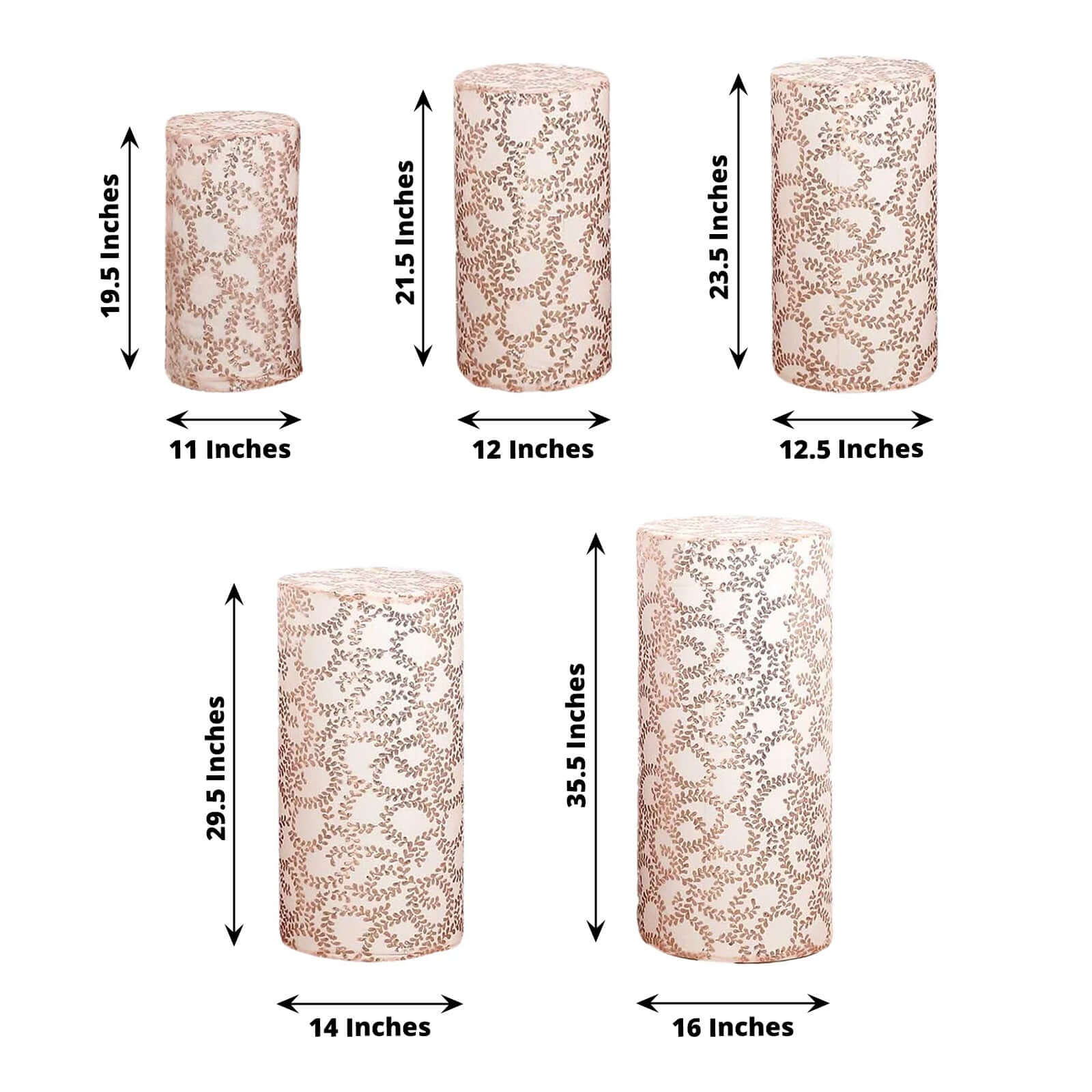 Set of 5 Rose Gold Sequin Mesh Cylinder Pedestal Stand Covers with Leaf Vine Embroidery, Sparkly Sheer Tulle Pillar Prop Covers