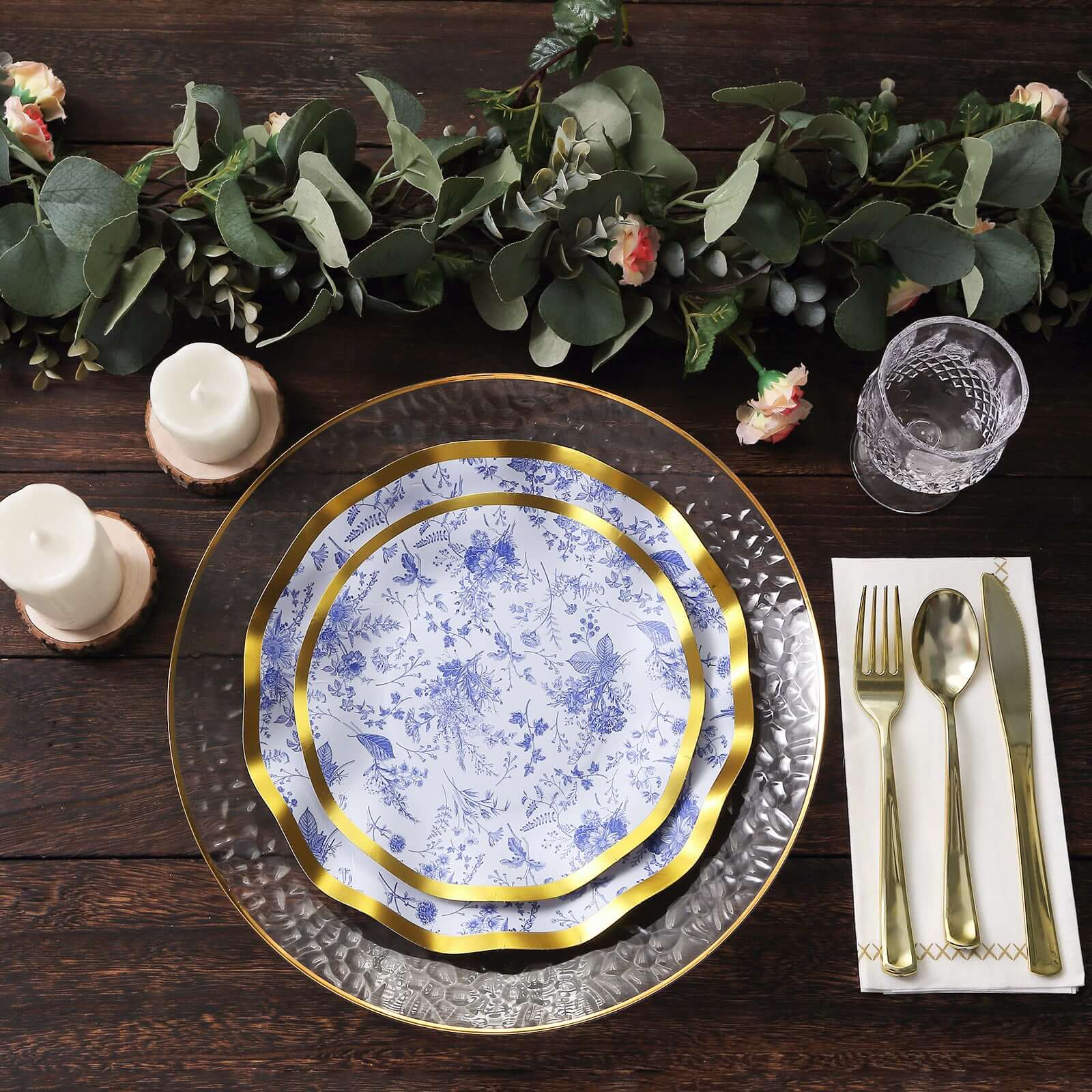 25-Pack Paper Round Dessert Plates 8 in White with Blue French Toile Pattern & Gold Wavy Rim - Disposable 350GSM Salad Plates
