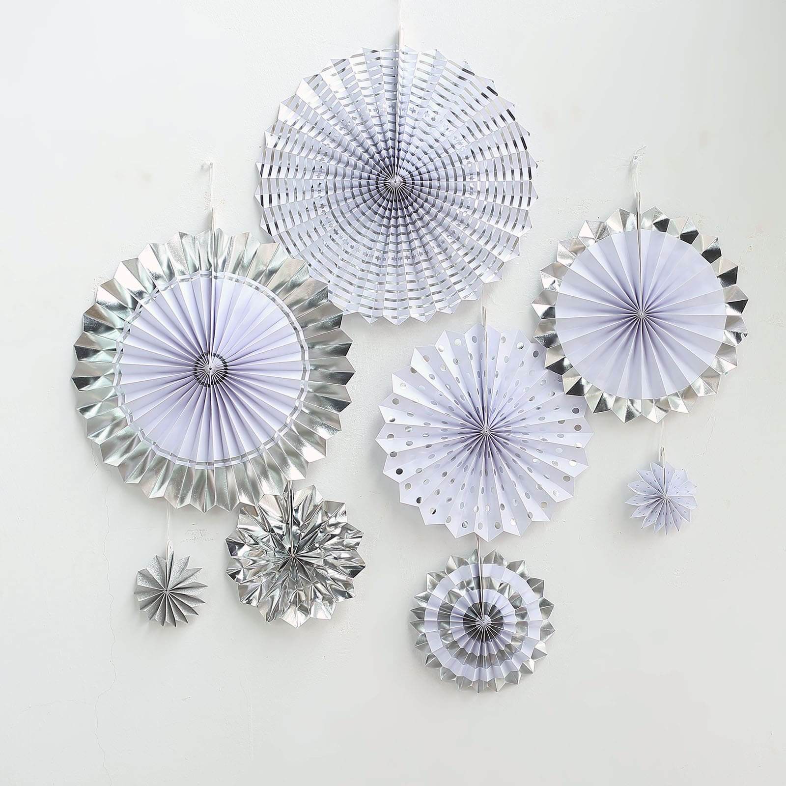 Set of 8 Silver White Hanging Paper Fan Decorations, Pinwheel Wall Backdrop Party Kit - 4, 8, 12, 16