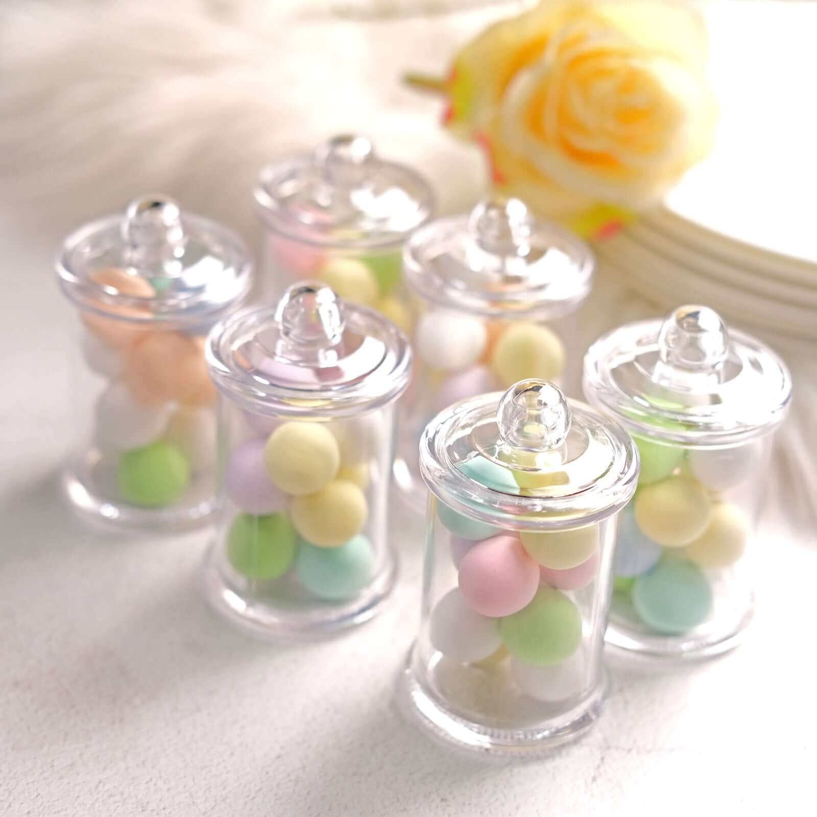 12-Pack Candy Jars Disposable Design with Clear Lids - Plastic Goodie Containers for Parties 3.5