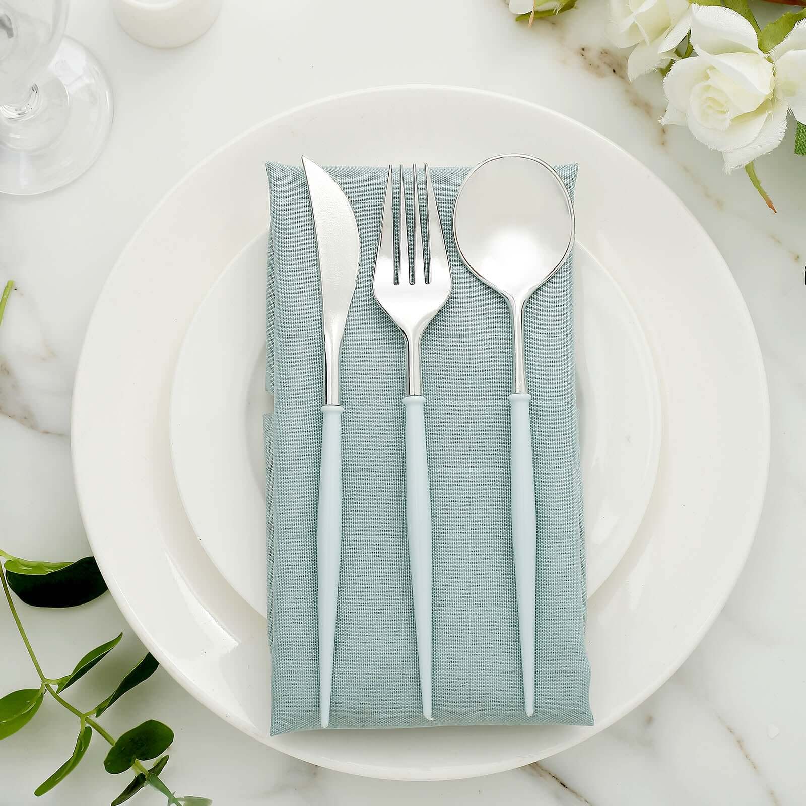 24-Pack Plastic Flatware Set in Silver with Light Blue Handle - Heavy Duty Disposable Modern Silverware 8