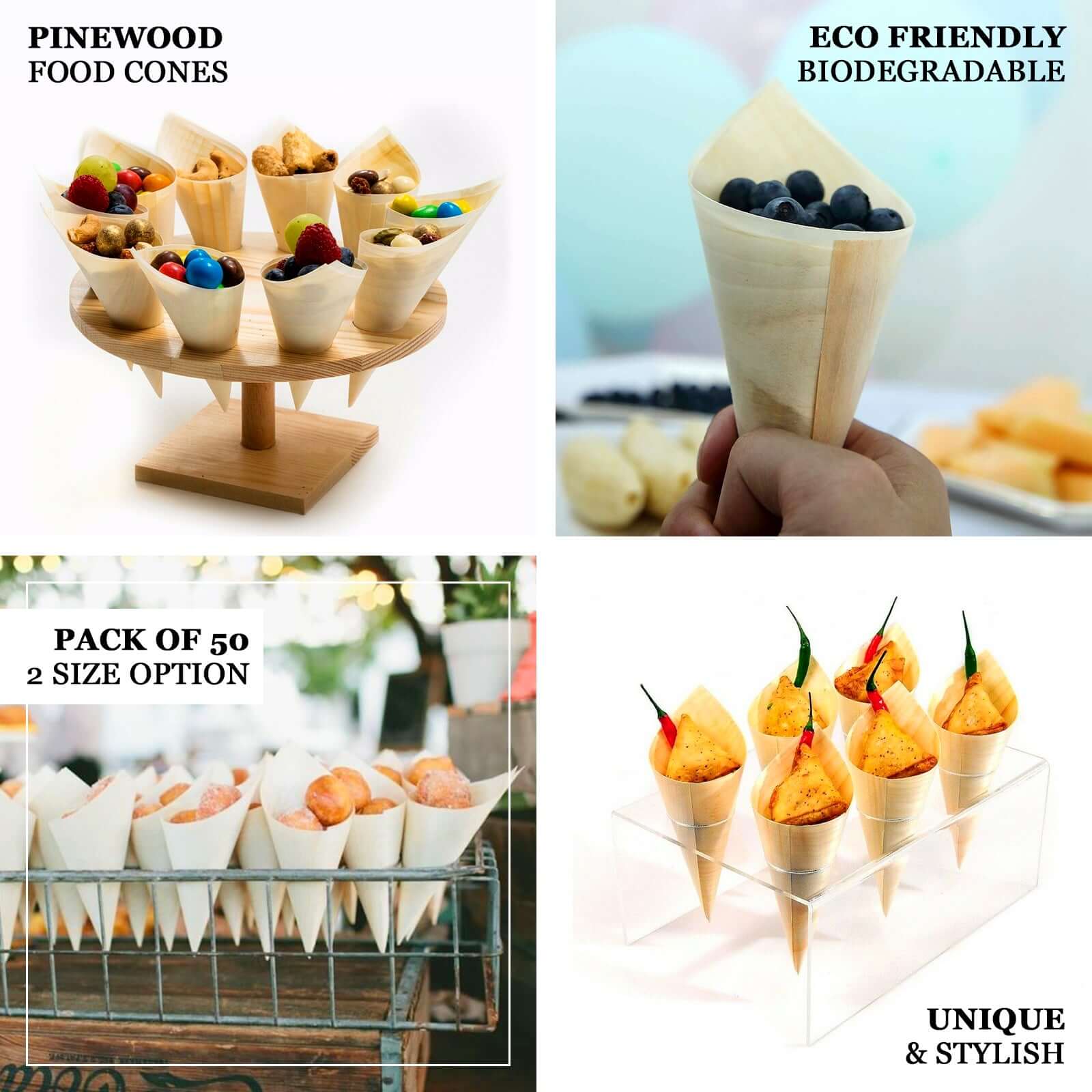 50-Pack Pine Wood Food Cones Eco Friendly Natural Disposable Design - 100% Biodegradable Tasting Serving Cones 6