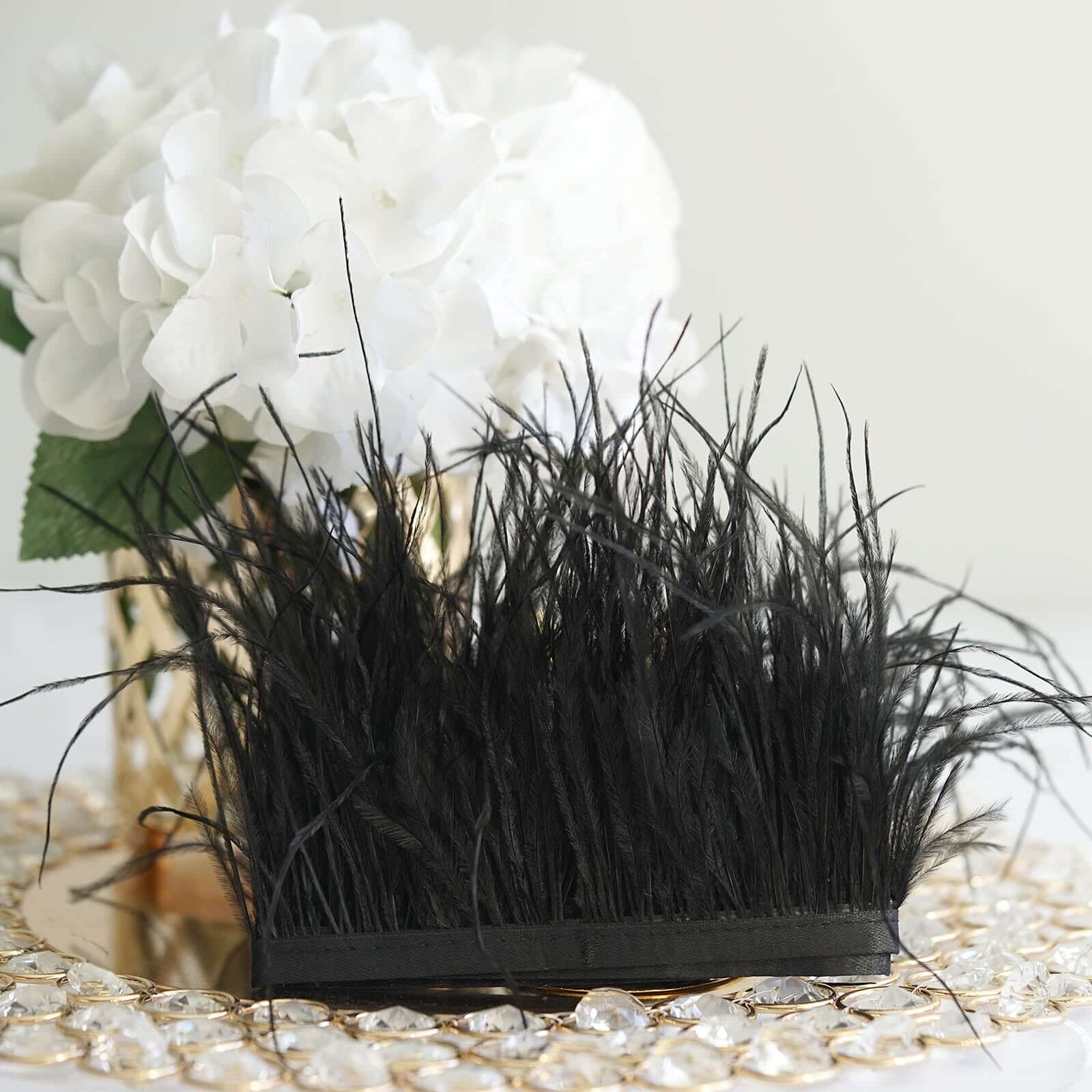 39 Black Real Ostrich Feather Fringe Trim With Satin Ribbon Tape