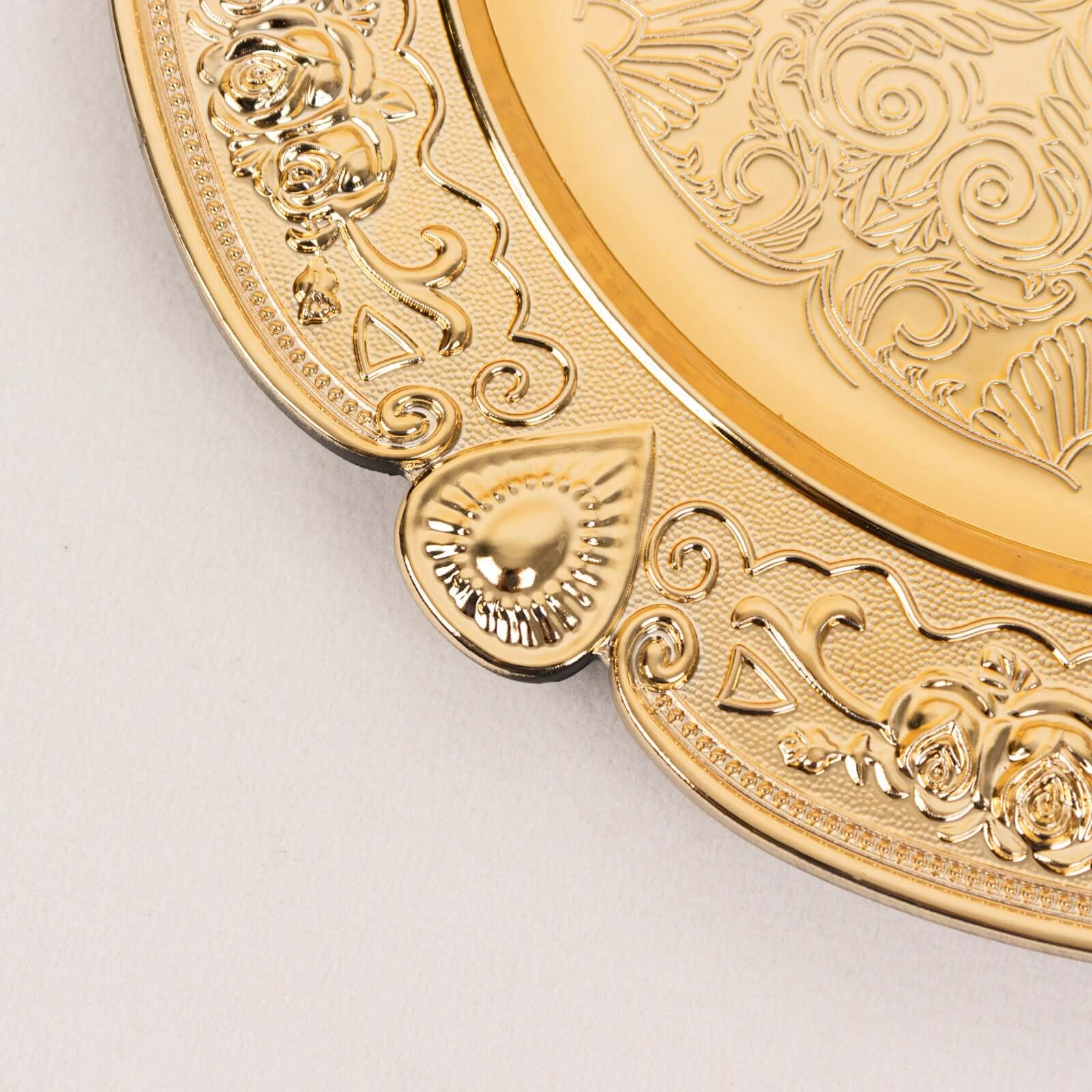 6-Pack Acrylic Round Charger Plates 13 in Gold Floral Embossed with Scalloped Rim, Plastic Decorative Charger Tableware