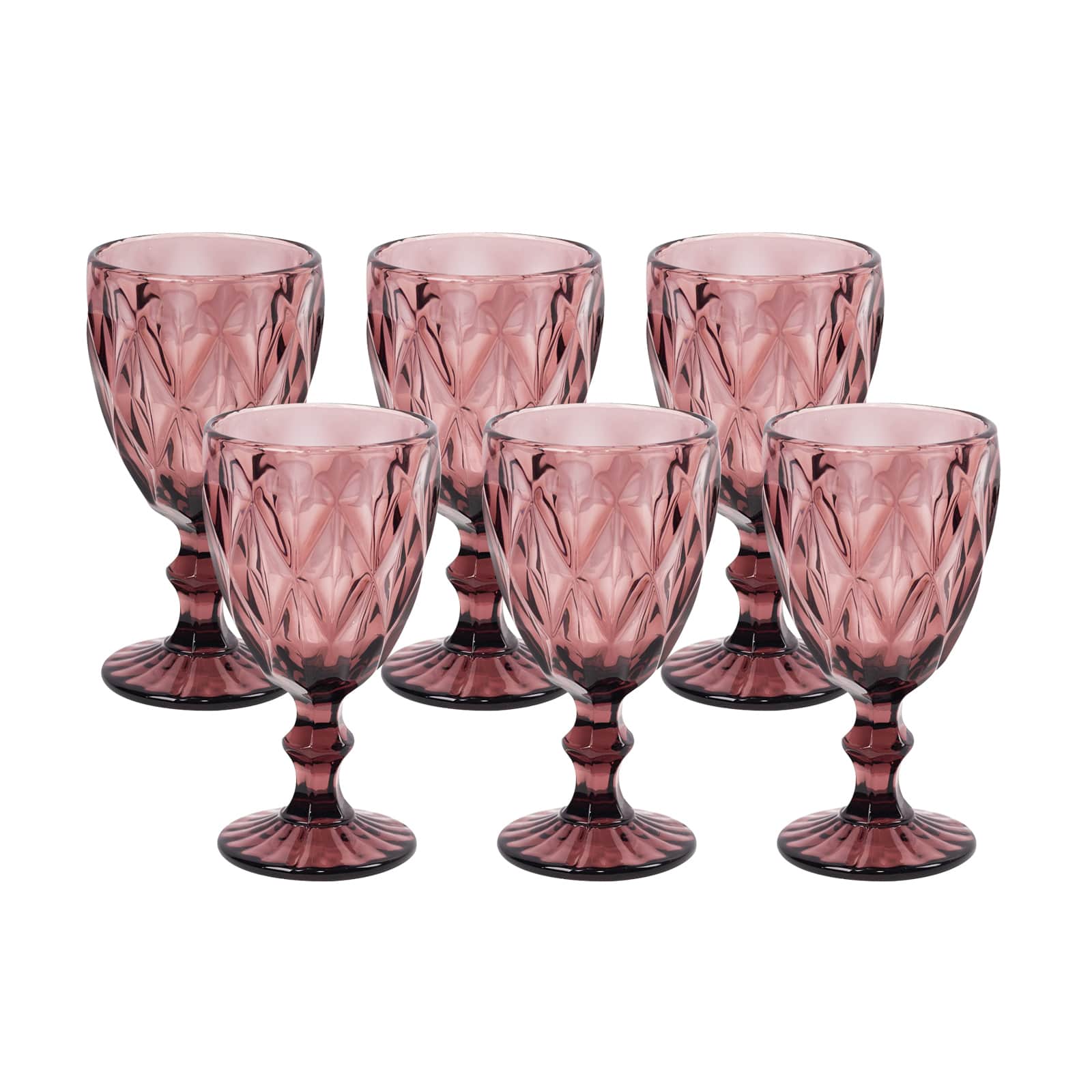 6-Pack Wine Glasses Dusty Rose Embossed Crystal Cut Design Stemmed - Colored Goblets for Parties & Events 12oz 7