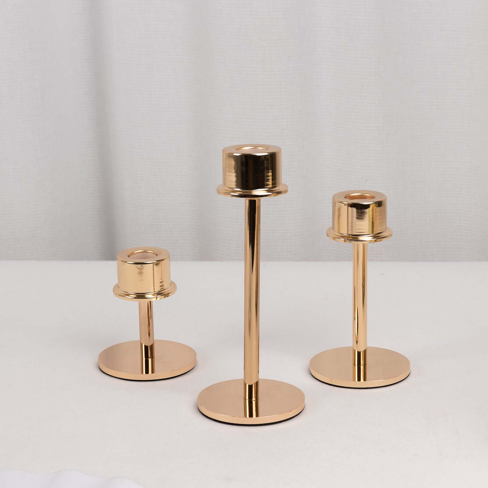 Set of 3 Metal Taper Candlestick Holders Gold with Round Base - Hurricane Candle Stands 3.5, 5.5, 8