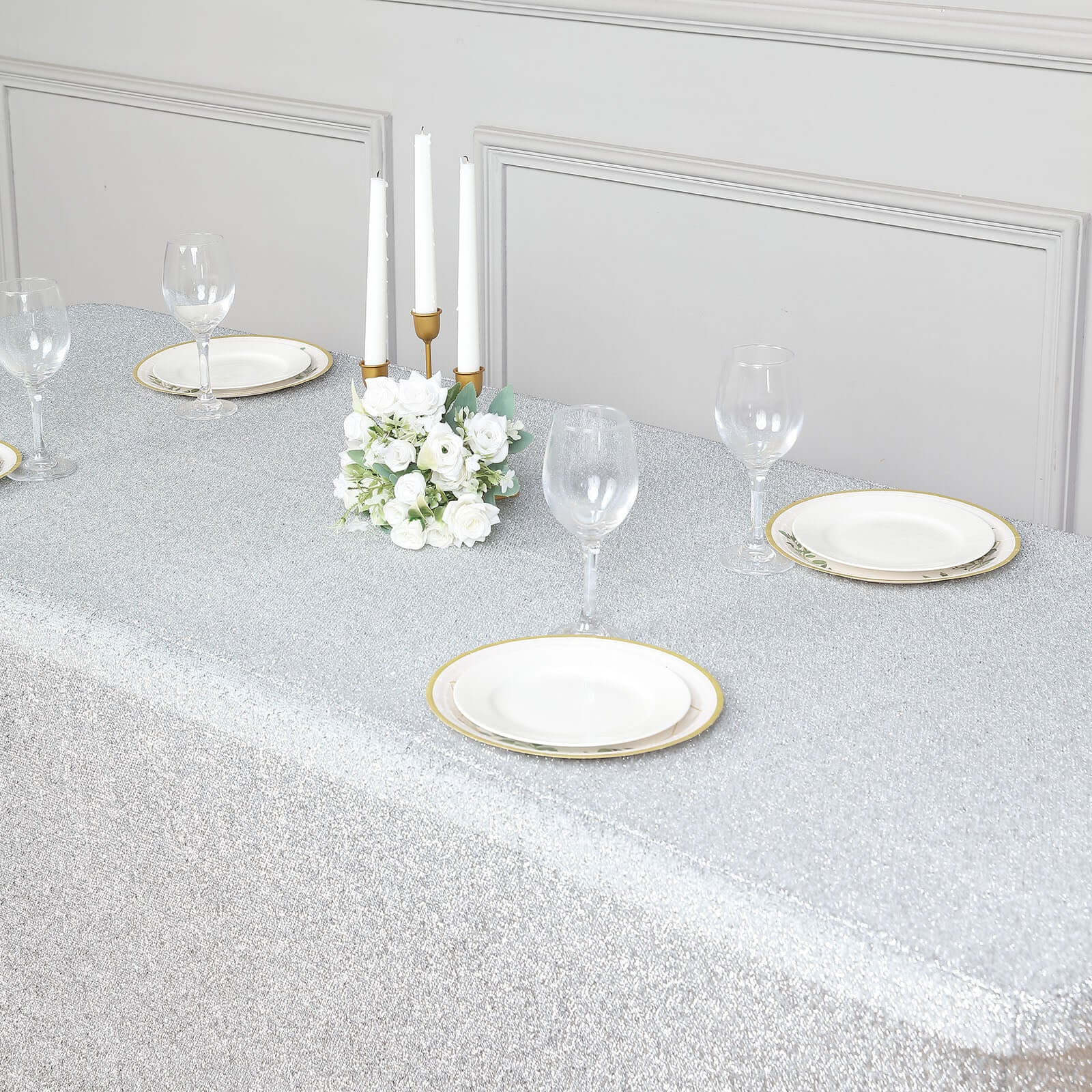 Shimmer Tinsel Spandex 72x30 Rectangle Tablecloth Metallic Silver Glittered Shiny Stretch Table Cover